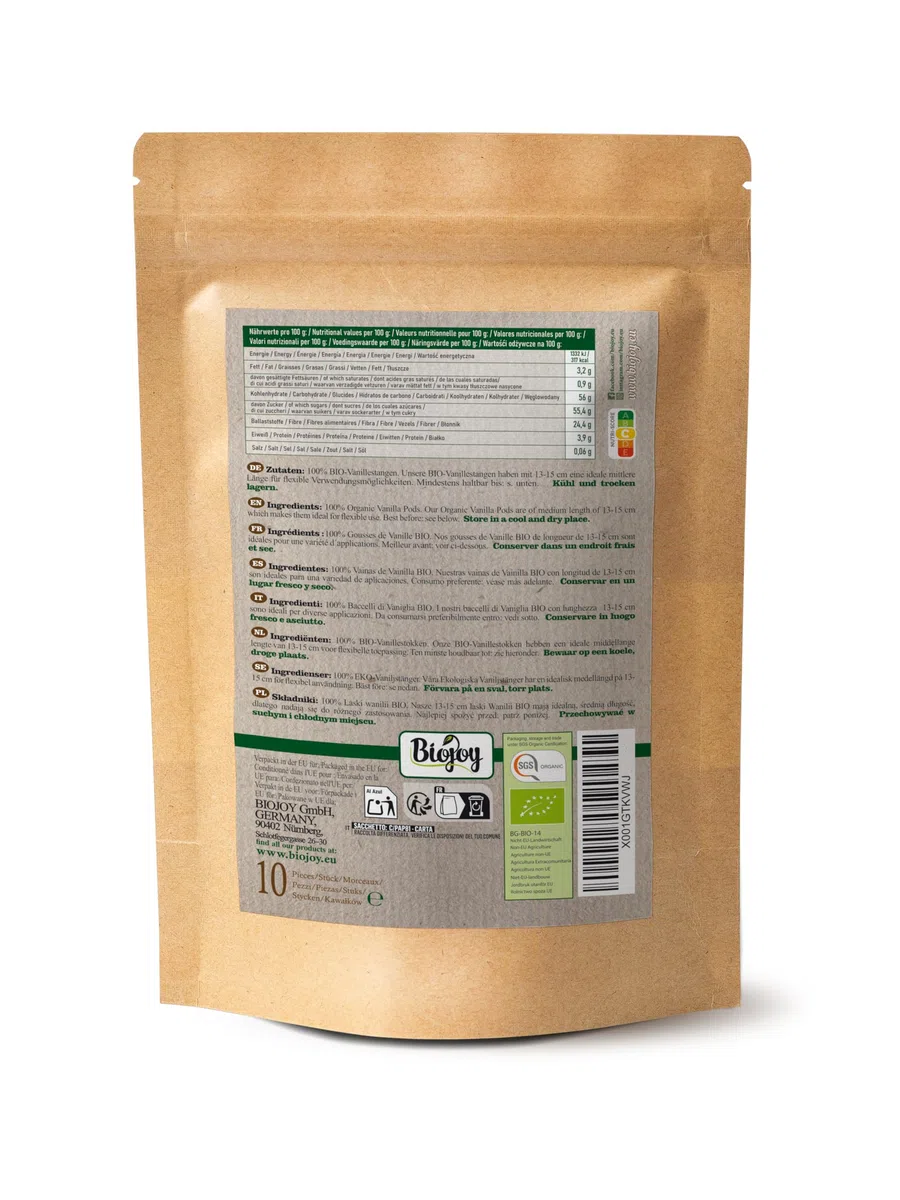 Biojoy Baccelli di vaniglia BIO (10 pezzi), Bourbon del Madagascar, Sacchetto con cerniera richiudibile - 13-15cm, Per Pasticcini e Dolci