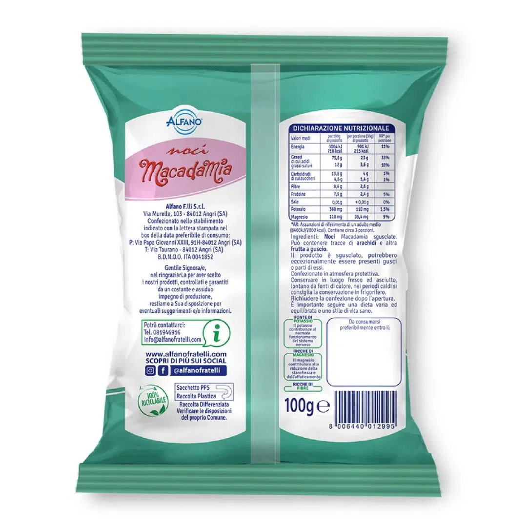 Alfano dal 1940 Noci Macadamia Sgusciate 100g Frutta Secca Ricca di Magnesio e Fonte di Potassio Snack Ideale per una Dieta Equilibrata e Vegana (4 Pezzi)