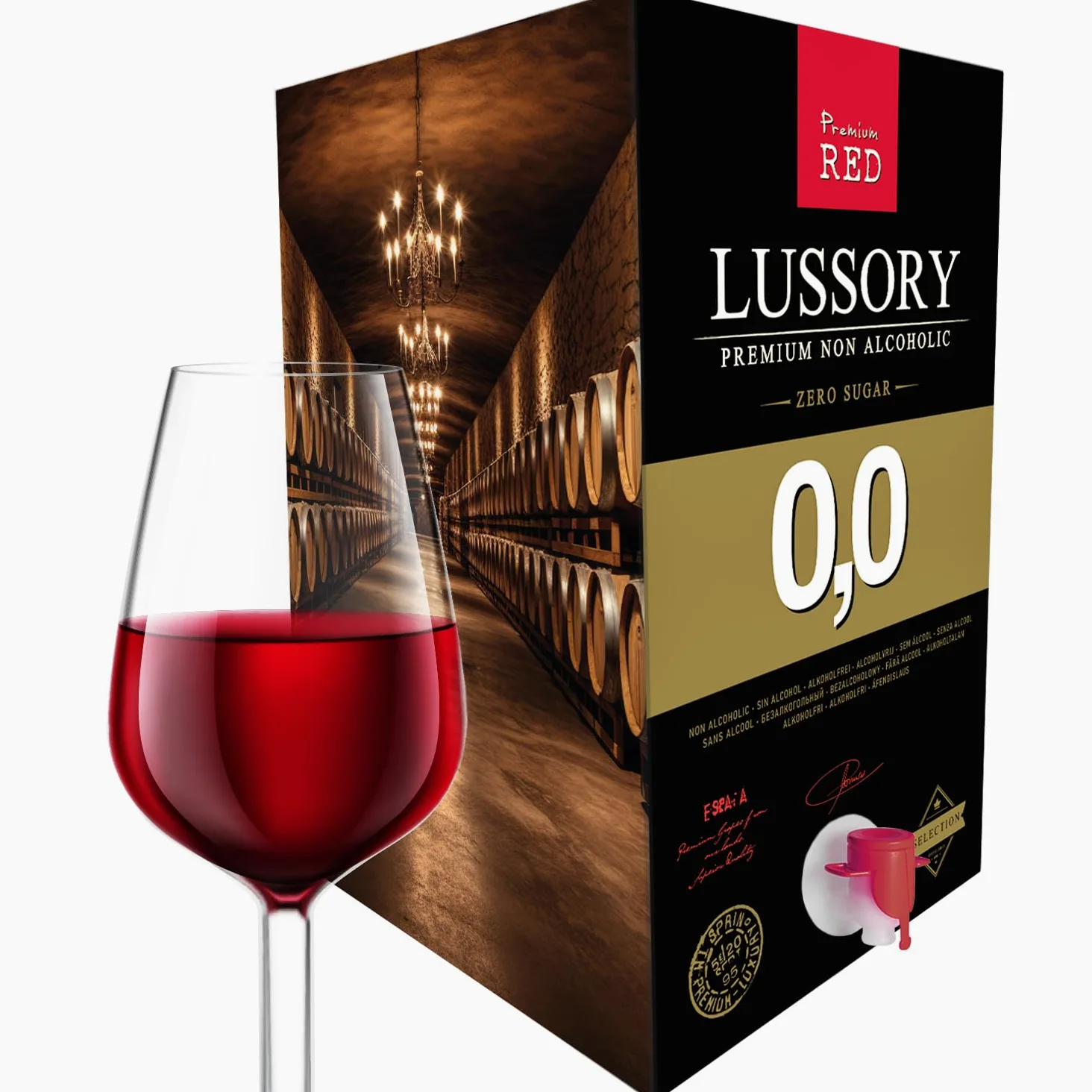 Vino Rosso SENZA ALCOL 0,0 - LUSSORY PREMIUM | Bag in Box 10 L | Equivalente a più di 13 bottiglie da 750 ml | Formato risparmio con rubinetto | SENZA zucchero, SENZA alcol, BASSO contenuto calorico