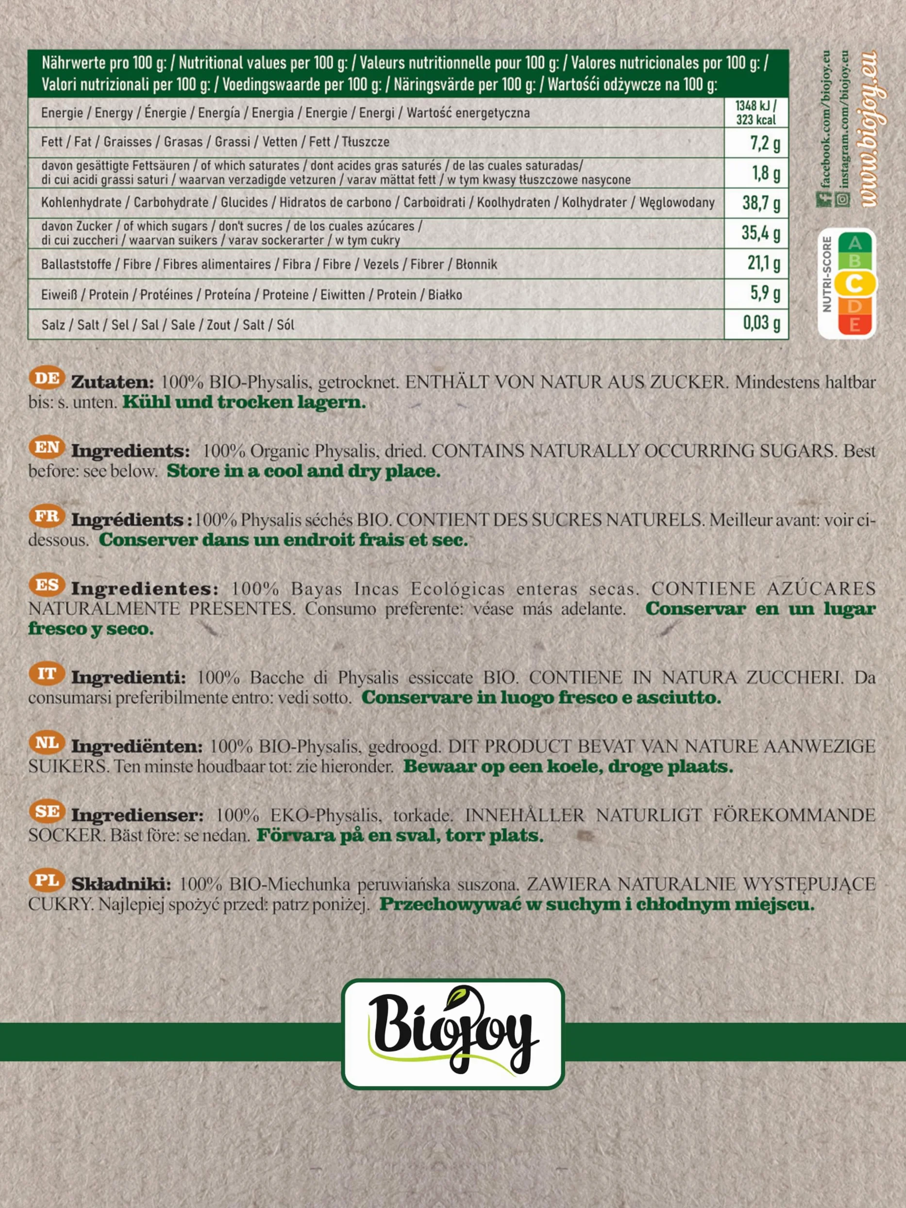 Biojoy Bacche di Inca BIO essiccate (1 kg), Physalis senza zucchero aggiuntо e senza zolfo