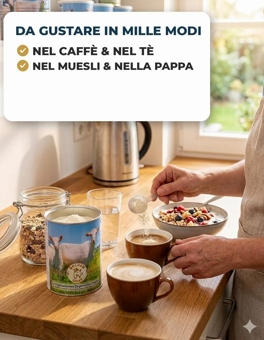 Golden Goat Latte di Capra in Polvere 4x 400 g — Latte intero di capra in polvere dalla Nuova Zelanda — Latte di capra in polvere per caffè, cucina & sostituto del latte — Anche per cane & gatto