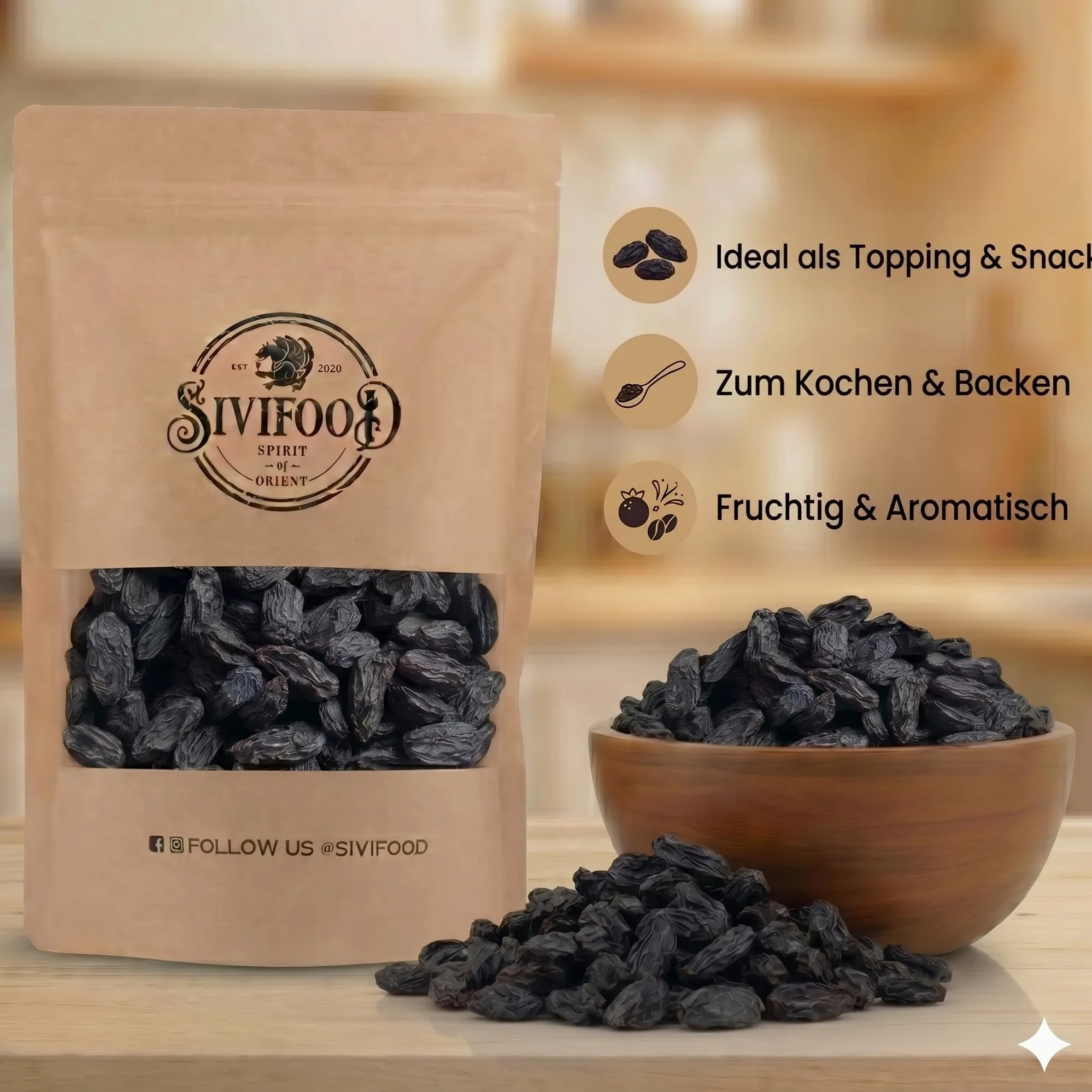 SIVIFOOD uvetta nera Jumbo senza zuccheri aggiunti 1kg – Naturale, dolce e succosa non solforate – Qualità premium – Ideale per snack, dolci, muesli o cucina – 100% frutta essiccata uva passa nera