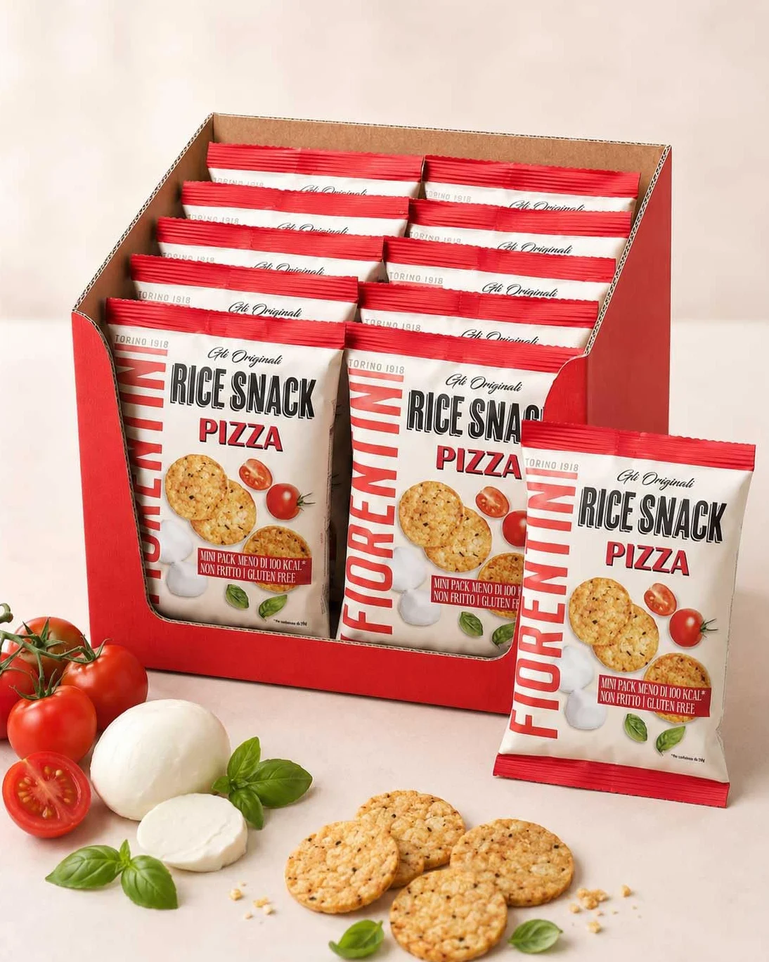 Rice Snack Pizza Mini Pack 20g per Fiorentini, Box con 12 Confezioni da 20g, Snack di Riso Croccanti Gusto Pizza, Senza Glutine, Non Fritti, Monoporzione per Aperitivo e Pausa Snack