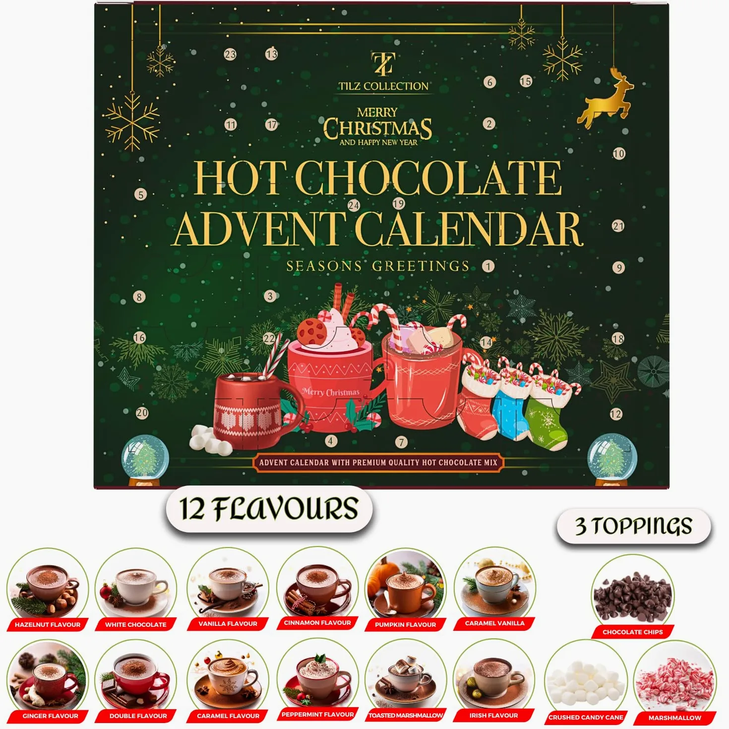 Calendario dell'Avvento 2023 | Set Regalo di Cioccolata Calda di 24 Giorni con Mini Marshmallow - Varietà di Natale