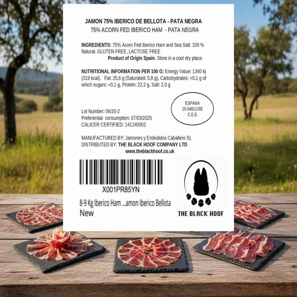 Prosciutto Iberico Bellota intero con osso Spagnolo (Jamon Iberico Bellota) 8–9 kg | Stagionato naturalmente 48+ mesi | Senza additivi | Certificato CERTICALIDAD | Prodotto in Spagna da The Black Hoof