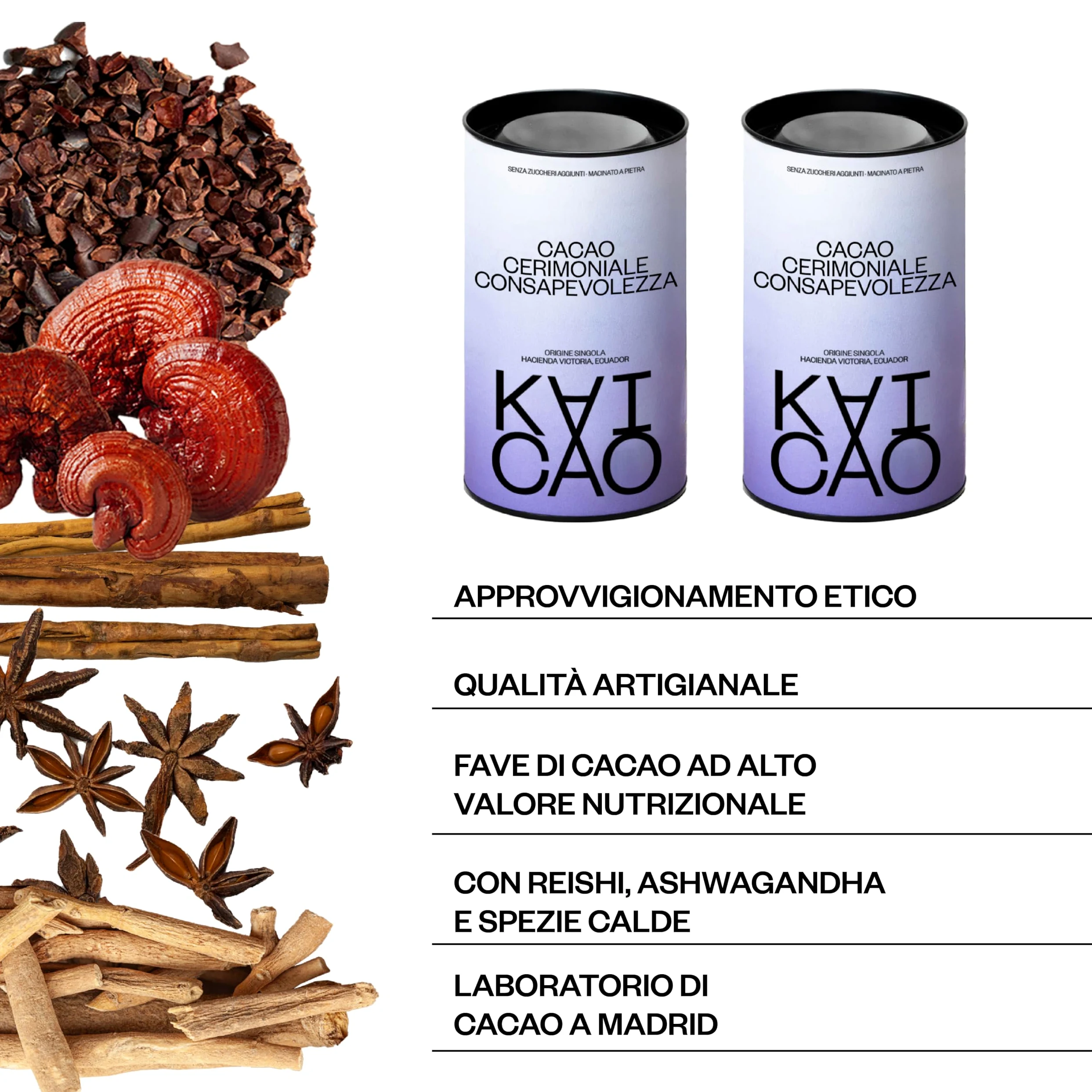 Kaicao Cacao Cerimoniale Mindfulness con Reishi e Ashwagandha - Cacao Puro Macinato in Polvere, origine Ecuador – Senza Zucchero, Vegano, Senza Glutine, Dieta Keto - 201