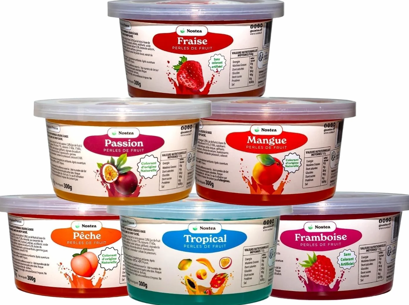 Nostea - Set di 3 vasetti, Perle per Bubble Tea Mango, Passione, Lampone – Popping Boba 100% Vegano, Senza Glutine - Perle al Succo di Frutta per Tè, Bevande - Produzione Francese - 3x 450 gr