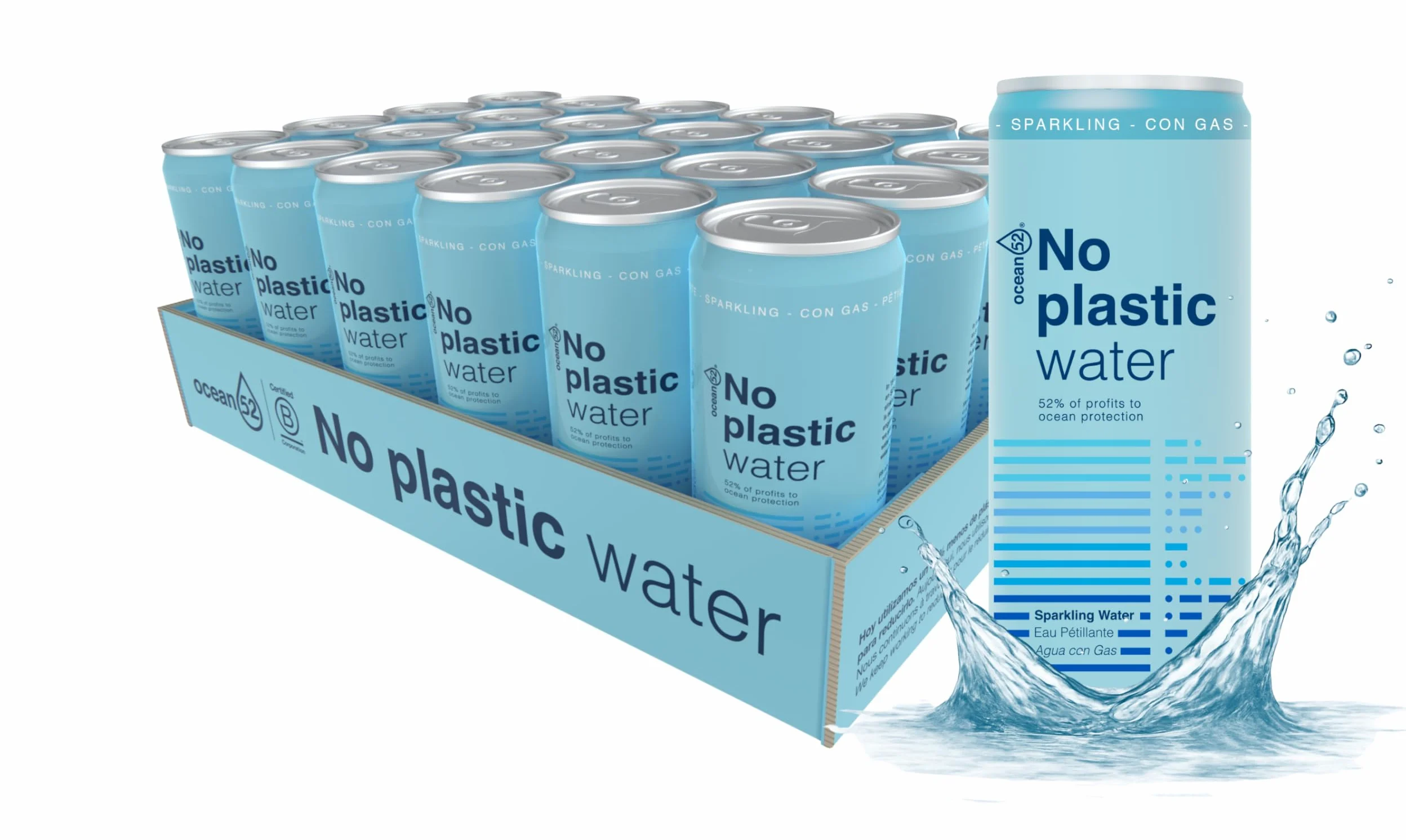 Acqua frizzante in lattina NO Plastic Water - Ocean52 in Lattina. Confezione da 24 unità x 33 cl. Acqua frizzante in confezione da 24 lattine da 33 cl.