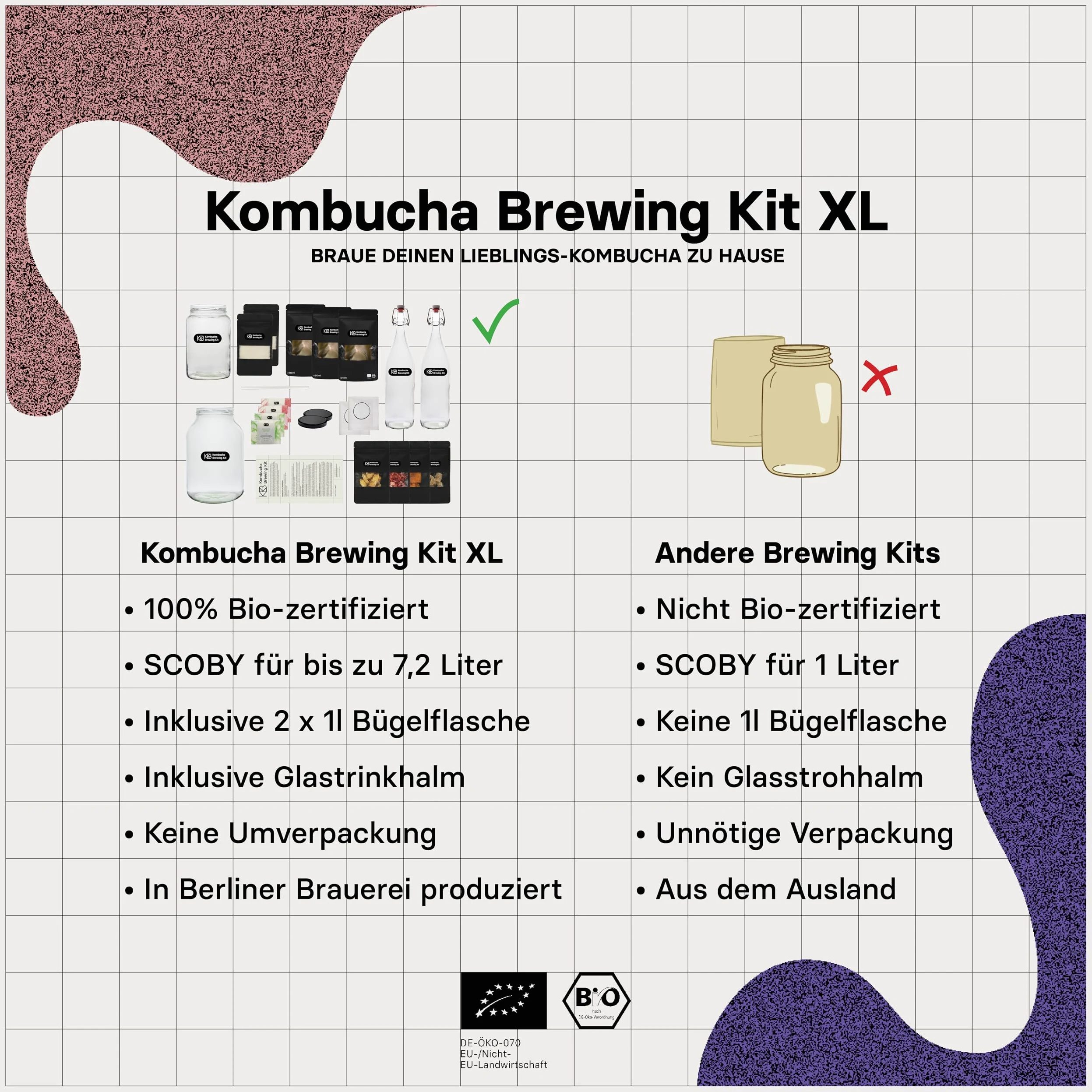 Kombucha Brewing Kit XL Bundlecon 2x coltura starter SCOBY biologica, 4 gusti di infusione, con 2x vaso di fermentazione, 2 bottiglia swing-top, zucchero di canna grezzo biologico, cannuccia di vetro