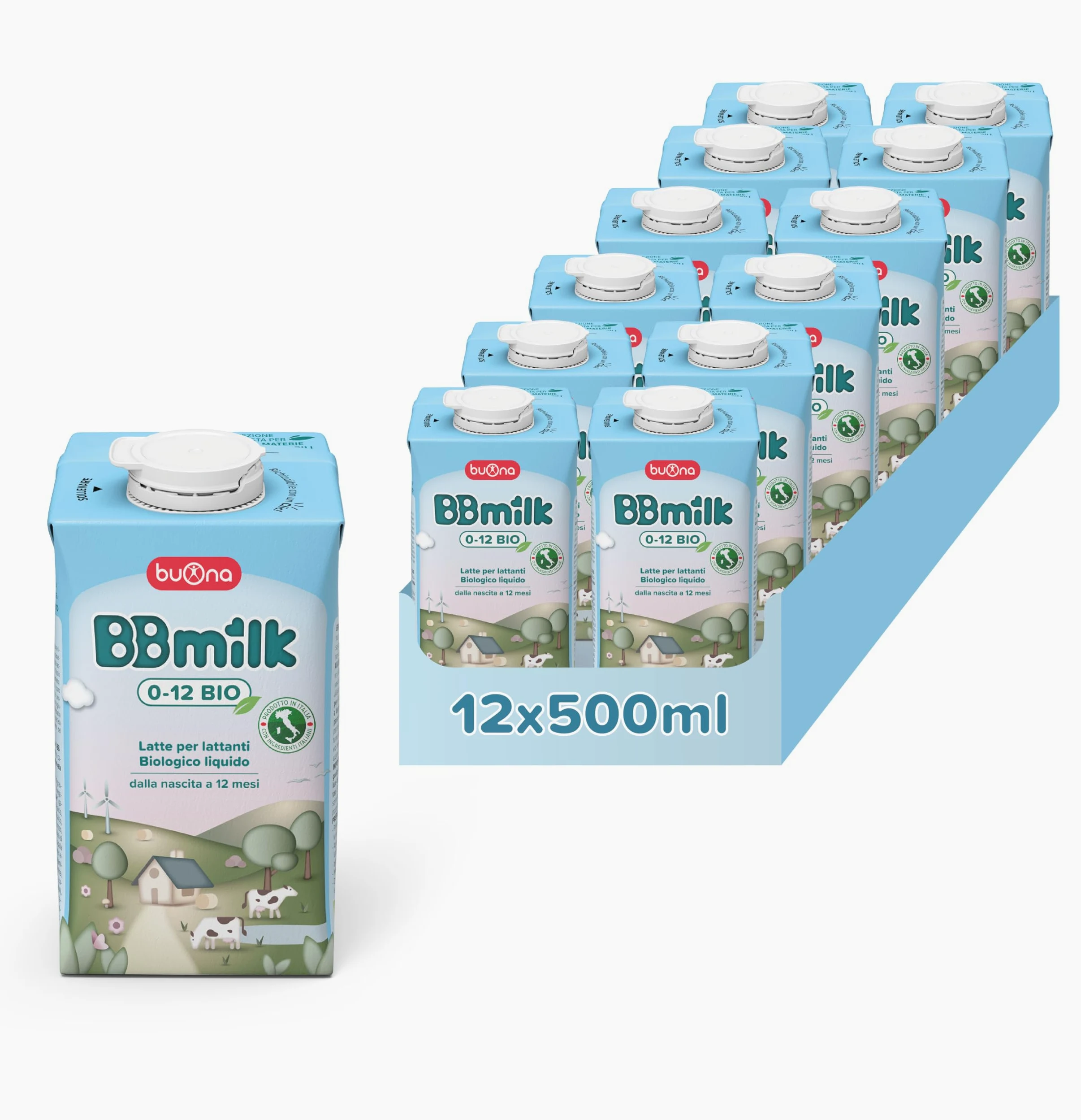 Buona BBmilk 0-12 Liquido, Latte Bio per Neonati 12x500ml, Indicato dalla Nascita fino ai 12 mesi, Qualora l’Allattamento non è Possibile o Sufficiente, Latte per Neonati Liquido Made in Italy