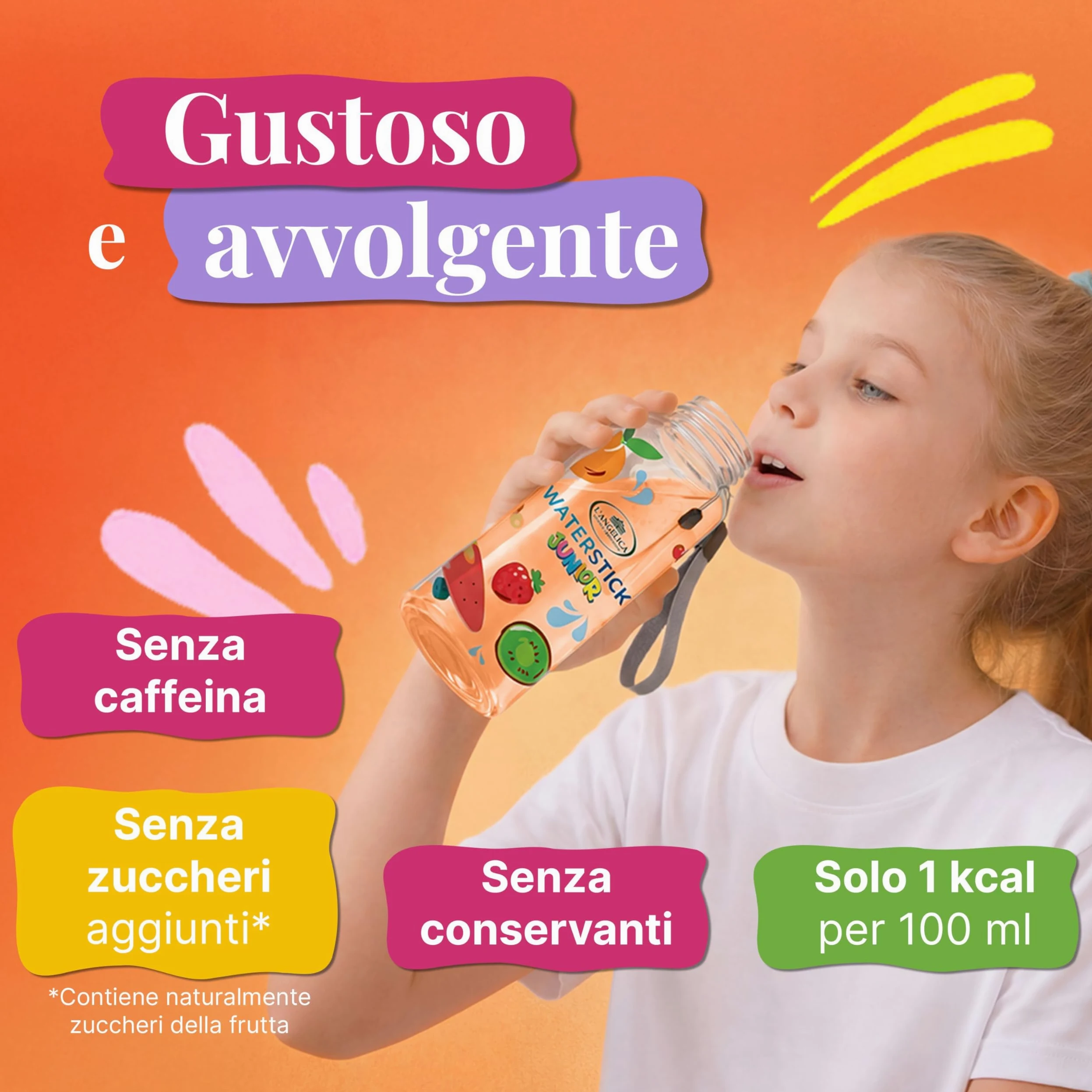 L'Angelica, Waterstick Junior, Gusto Tè alla Pesca Deteinato, Con Frutta, Vitamine, Zero Zuccheri Aggiunti, 6 Astucci da 12 Stick