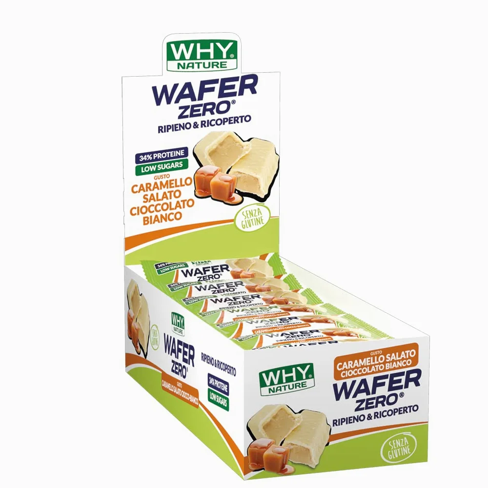 WHY NATURE WAFER ZERO - Cialda di Wafer con Ripieno Proteico - Snack Proteici Senza Glutine - Box da 24 Pezzi - 35 gr (Caramello Salato e Cioccolato Bianco)