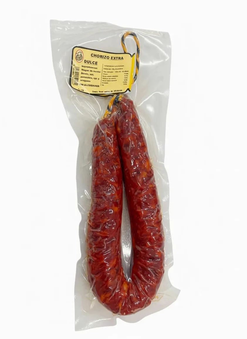 Chorizo ​​dolce di Spagna. Chorizo ​​​​corda dolce di circa 500 grammi. Snack salato ideale come aperitivo in ogni momento della giornata. Prodotto artigianale. Chorizo ​​Spagnolo naturale al 100%.