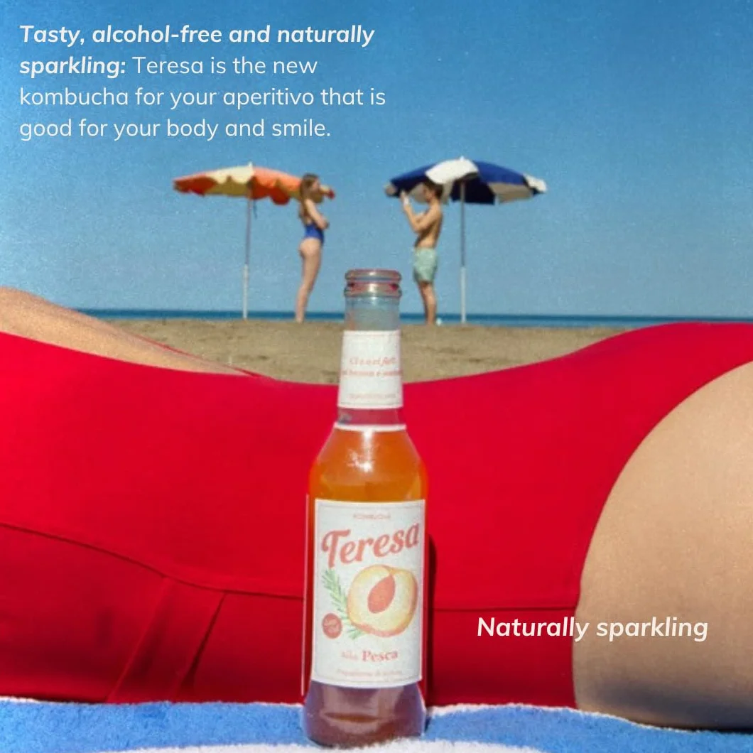 Teresa alla Pesca | Thè kombucha analcolico, naturale con postbiotici. Bevanda low calorie, low sugar e vegana. Confezione 8 bottiglie x 275ml.