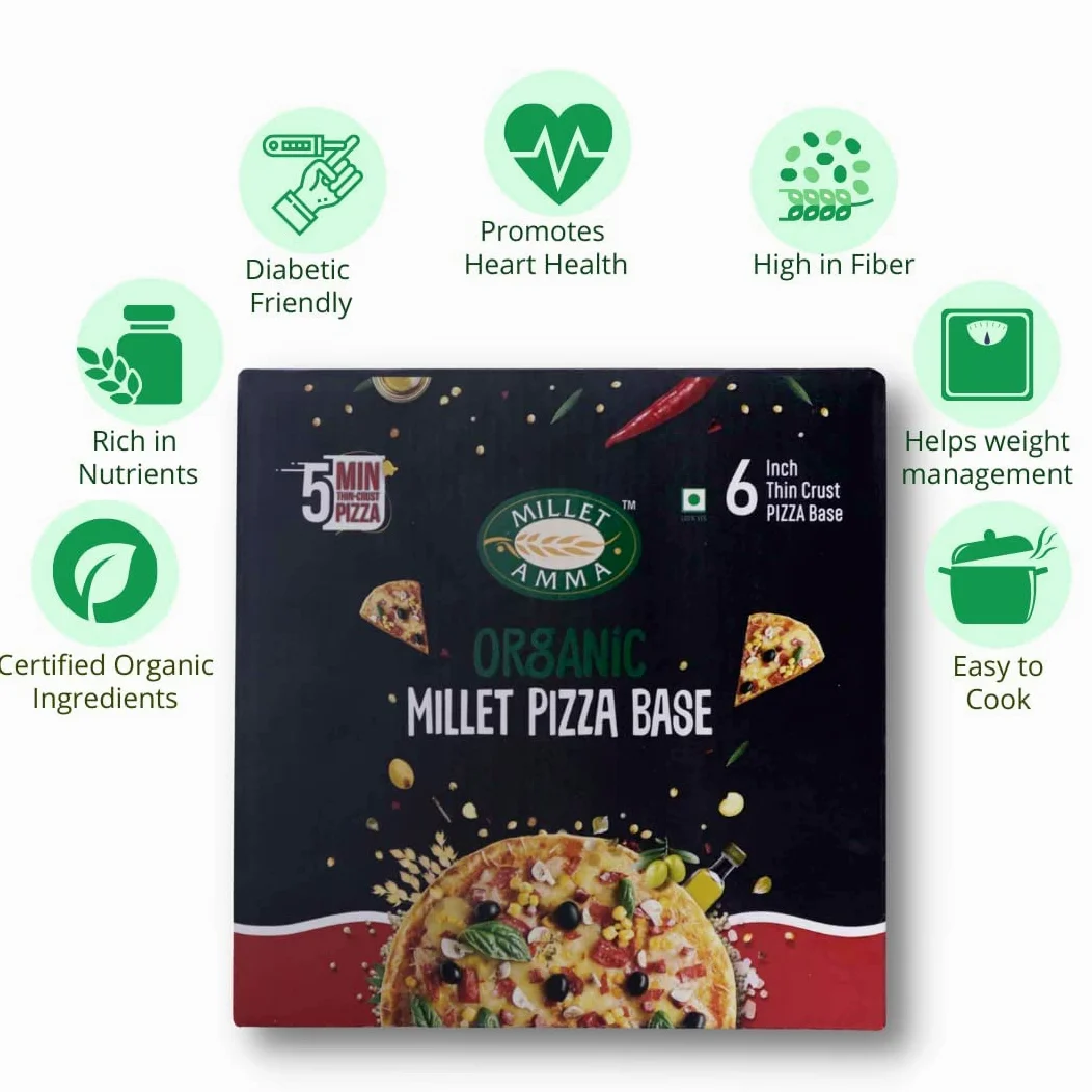 MILLET AMMA Base per pizza al miglio biologica - 200 g, 70% di contenuto di miglio, crosta sottile, confezione da 6 basi per pizza in una scatola, pronta da cuocere, 100% vegana e senza glutine