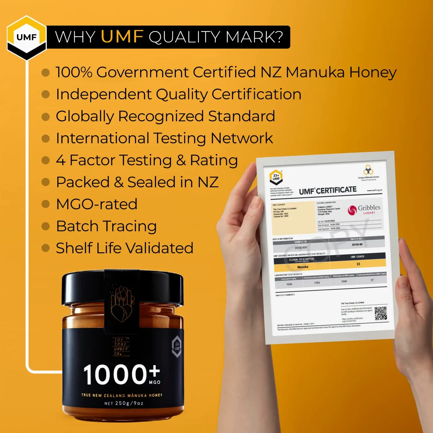 The True Honey Co. Miele di Manuka MGO 1000+ (UMF 22+) 250g | Certificato MGO e UMF | Esclusivo e di alta qualità | Prodotto e confezionato in Nuova Zelanda | In vetro con Signature Box | Di NZfyMe