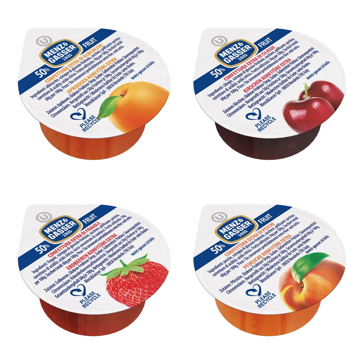Menz&Gasser Confettura Extra Assortita Albicocca, Ciliegia, Fragola e Pesca, con Frutta di Alta Qualità, 100% Made in Italy, 100 porzioni x 25 g