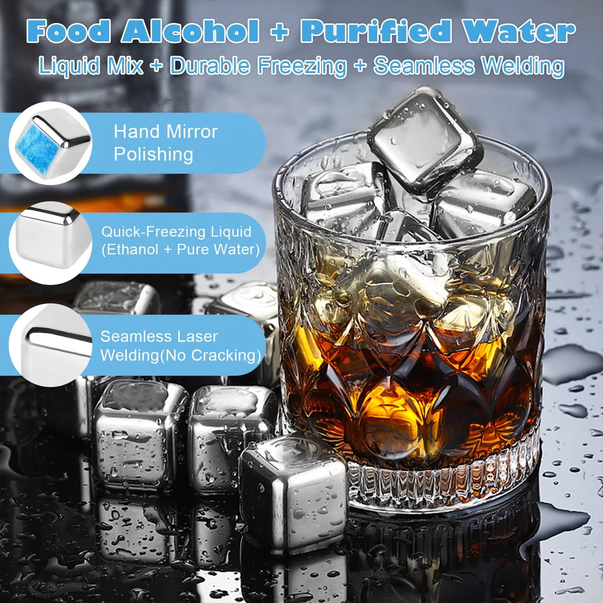 VFANDV 16 Pezzi Cubetti di Ghiaccio Riutilizzabili, Whiskey Stone Ghiaccio Cubetti Set Wisky con Pinze e Scatola, 304 Acciaio Inox Pietre di Whisky per Cocktail, Vino, Frutta, Puree di Frutta, Gelati