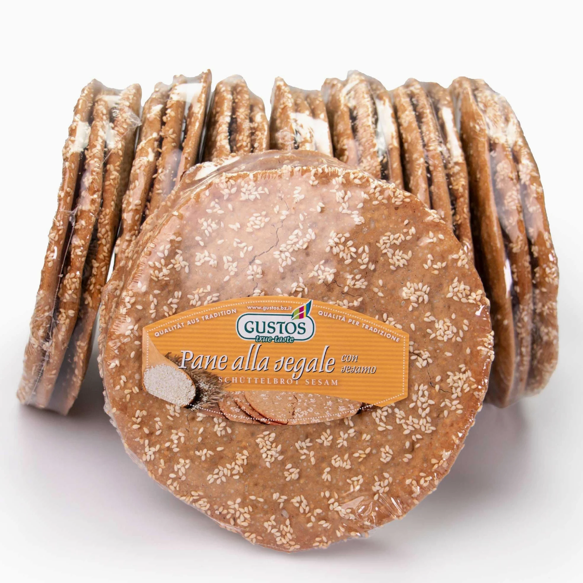 GUSTOS - 8 confezioni di Pane tradizionale dell'Alto Adige "Schüttelbrot" di segale | con Semi di Sesamo |150 g ciascuna, fatto a mano, gustoso e croccantissimo.