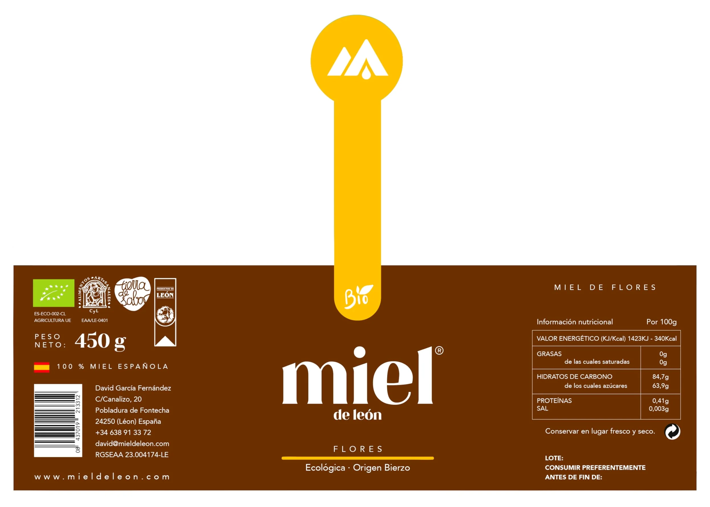 Miele puro d'api. Confezione 6 Mieli 450gr ciascuno. 1) Di fiori. 2) Di Erica e Quercia. 3) Di Castagno. Prodotto artigianale di propria raccolta. Origine: Spagna.