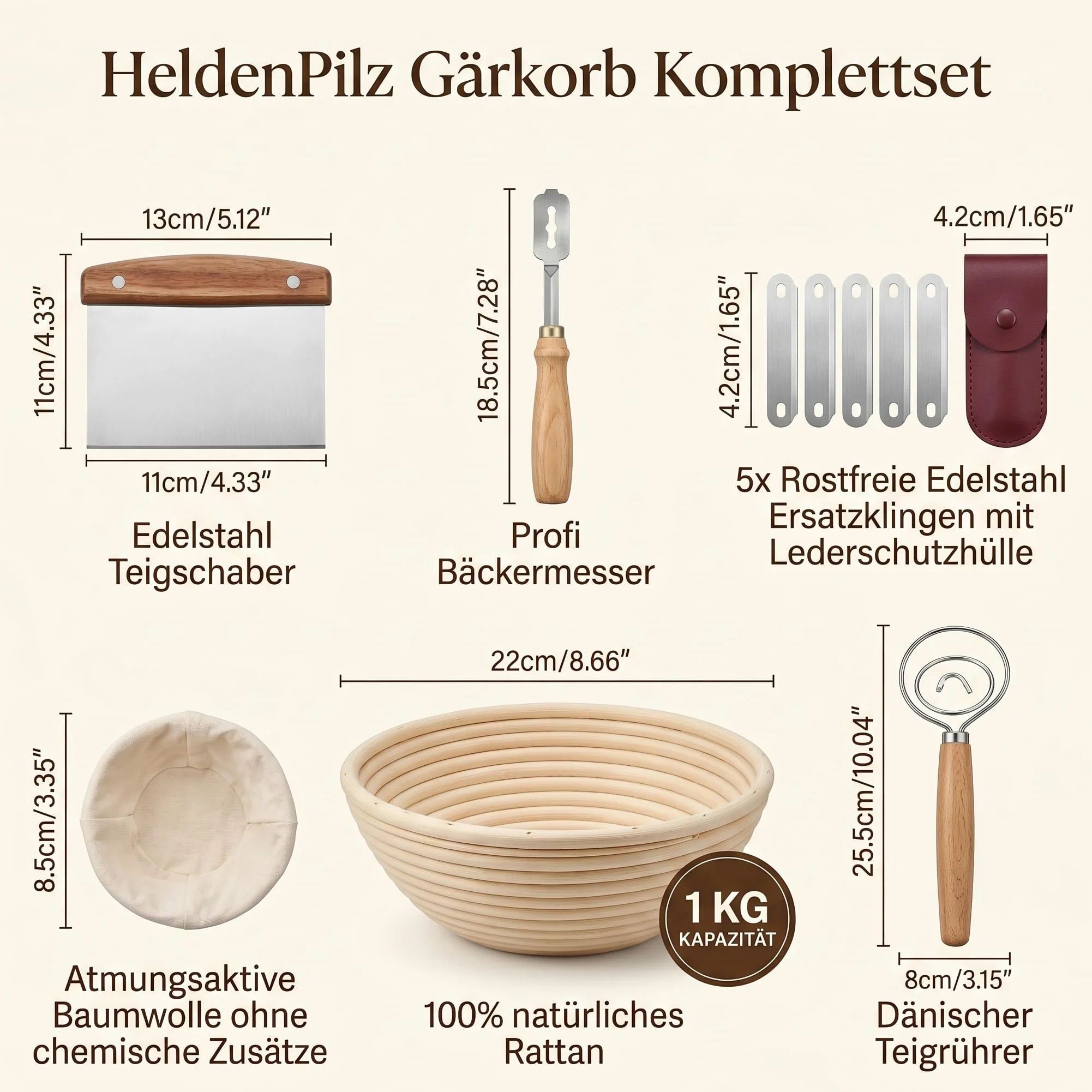 Set per la cottura del pane – pane croccante fai da te con cestino per lievitazione, carta per pasta, frusta per pasticceria, coltello da panetteria + ricetta e istruzioni per il pane a lievito (set