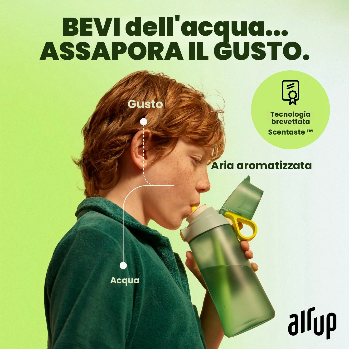 AIR UP Borraccia Click Turtle Green originale con cialde in 5 gusti, borraccia da 600 ml con aroma senza zucchero, lavabile in lavastoviglie, senza BPA