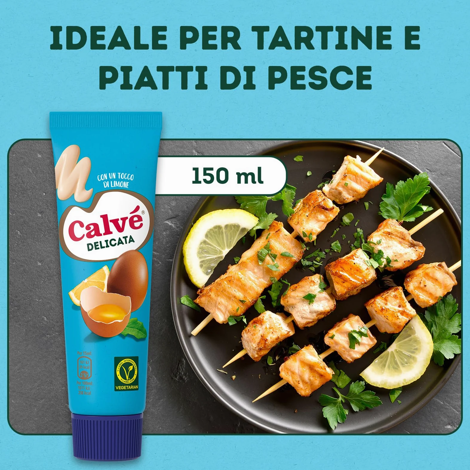 Calvé Maionese Delicata, 18 Pezzi da 150 ml, Maionese Calvé Delicata con un Tocco di Limone e il 60% di Grassi in Meno*, Ideale per Piatti di Pesce e Tartine, Senza Glutine, Vegetariano