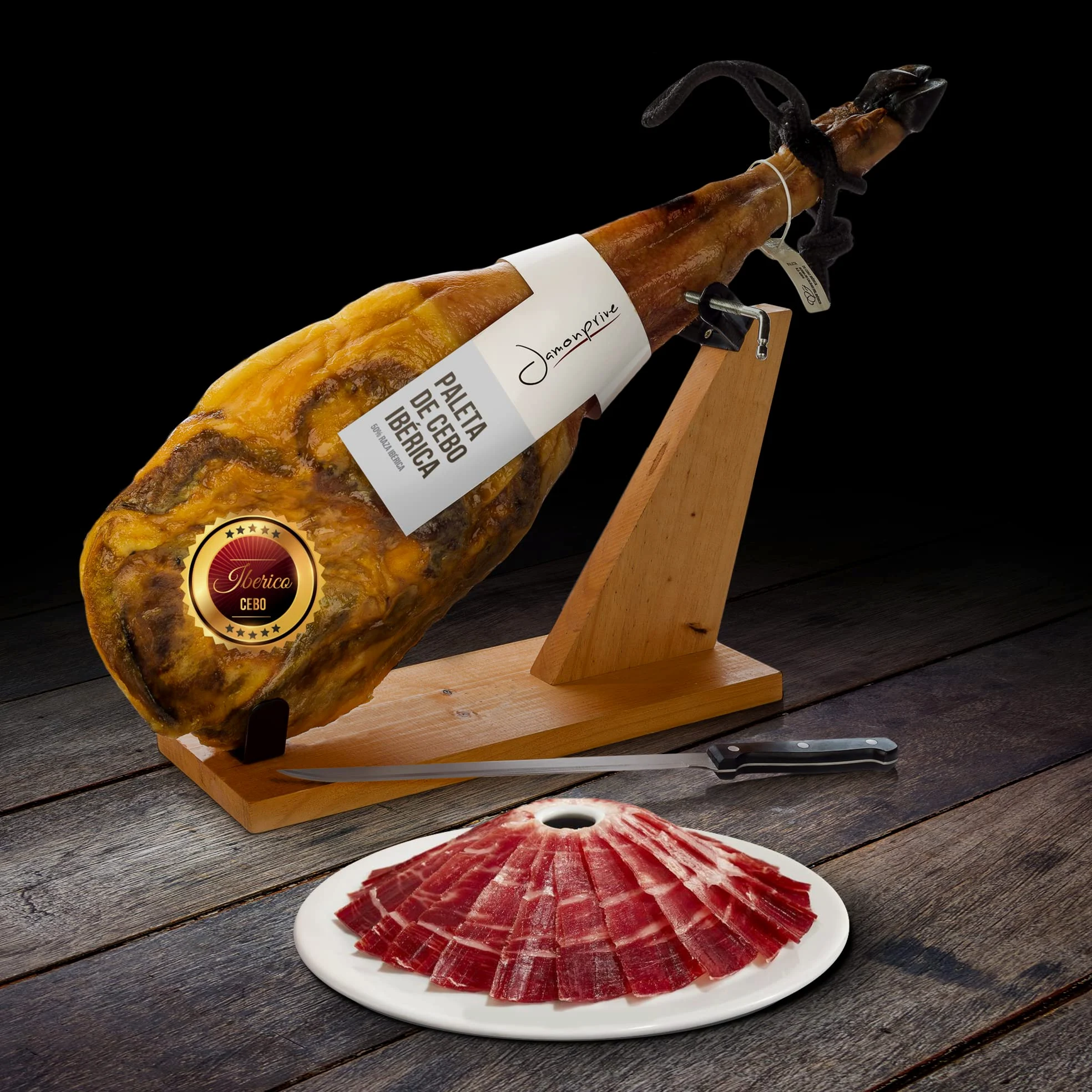 Prosciutto Spagnolo Pata Negra ibérico (Spalla) 4-4.5 Kg + Porta Prosciutto + Coltello - Jamon Iberico (Paleta Cebo)