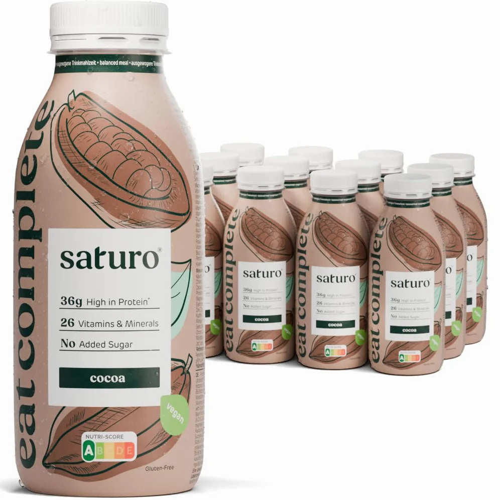 Saturo Pasto Sostitutivo Frullato Gusto Cocoa | 36 g di proteine & senza zucchero | 400 kcal | Vegano | Pasto Bevibile con Nutrienti Essenziali | Cioccolato | 12 x 400 ml