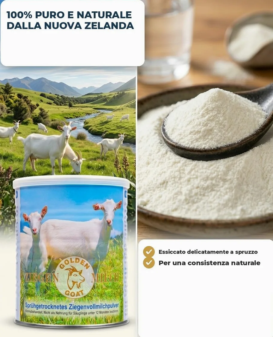 Golden Goat Latte di Capra in Polvere 4x 400 g — Latte intero di capra in polvere dalla Nuova Zelanda — Latte di capra in polvere per caffè, cucina & sostituto del latte — Anche per cane & gatto