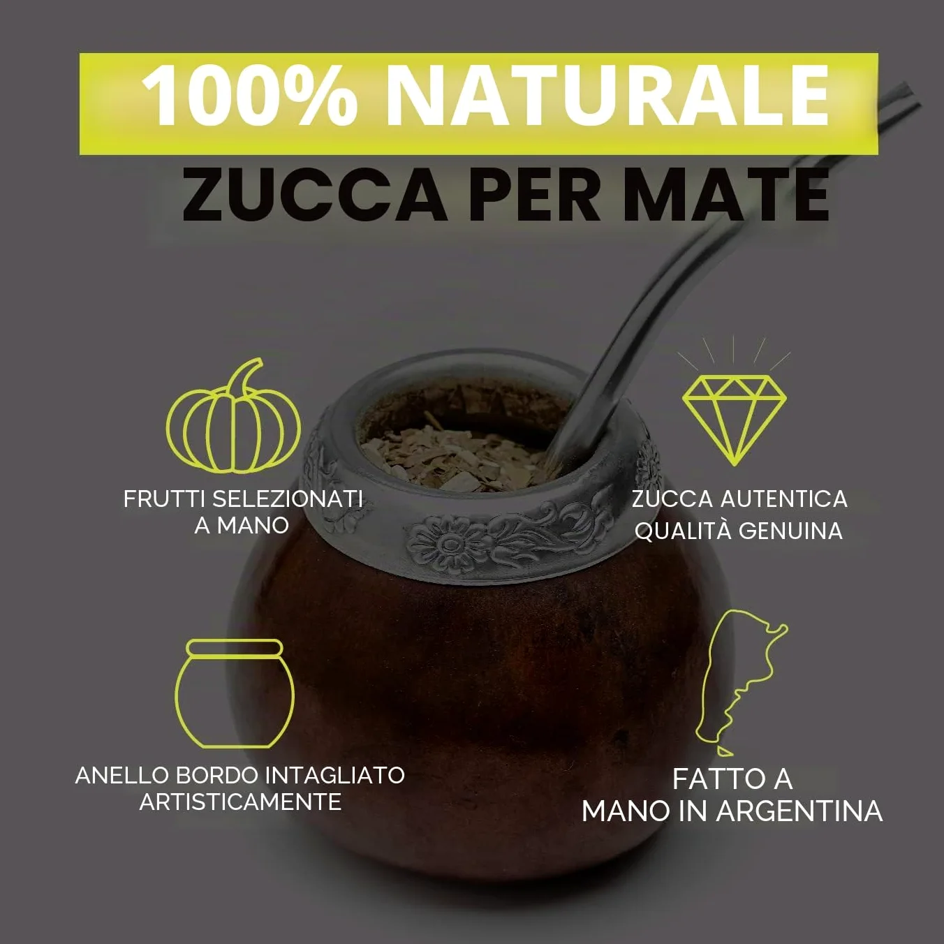 BALIBETOV Mate Argentino - Te Mate Kit di Zucca Naturale Fatto a Mano (Tazza Mate Originale) Compreso Bombilla Mate (Yerba Mate Bombilla) - Set Mate Argentino Autentico (Marrone)