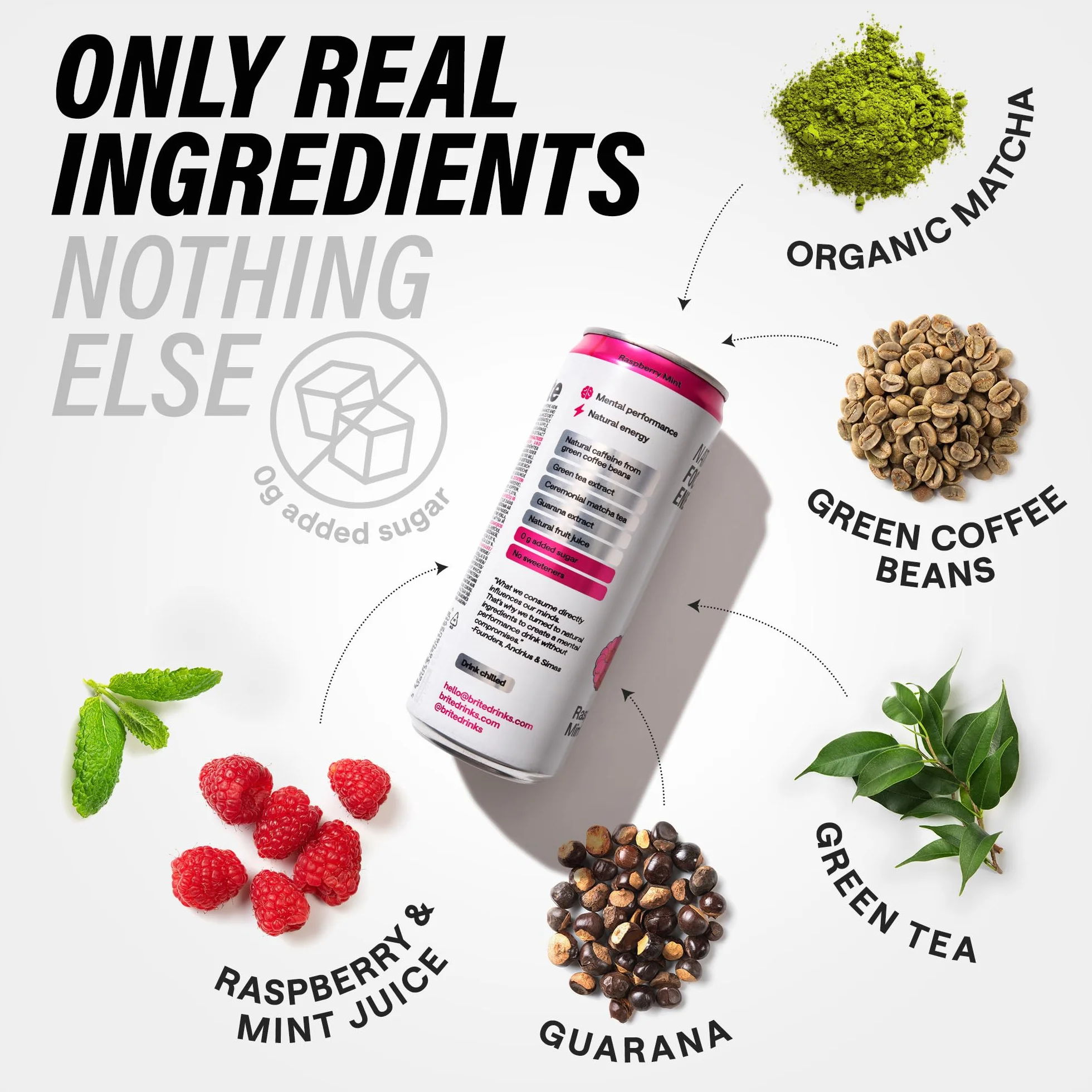 Brite Natural Focus. Bevanda energetica e alternativa al caffè per aumentare la produttività. A base vegetale, a basso contenuto calorico, vegana, senza glutine. Lampone e menta 12 x 330 ml.