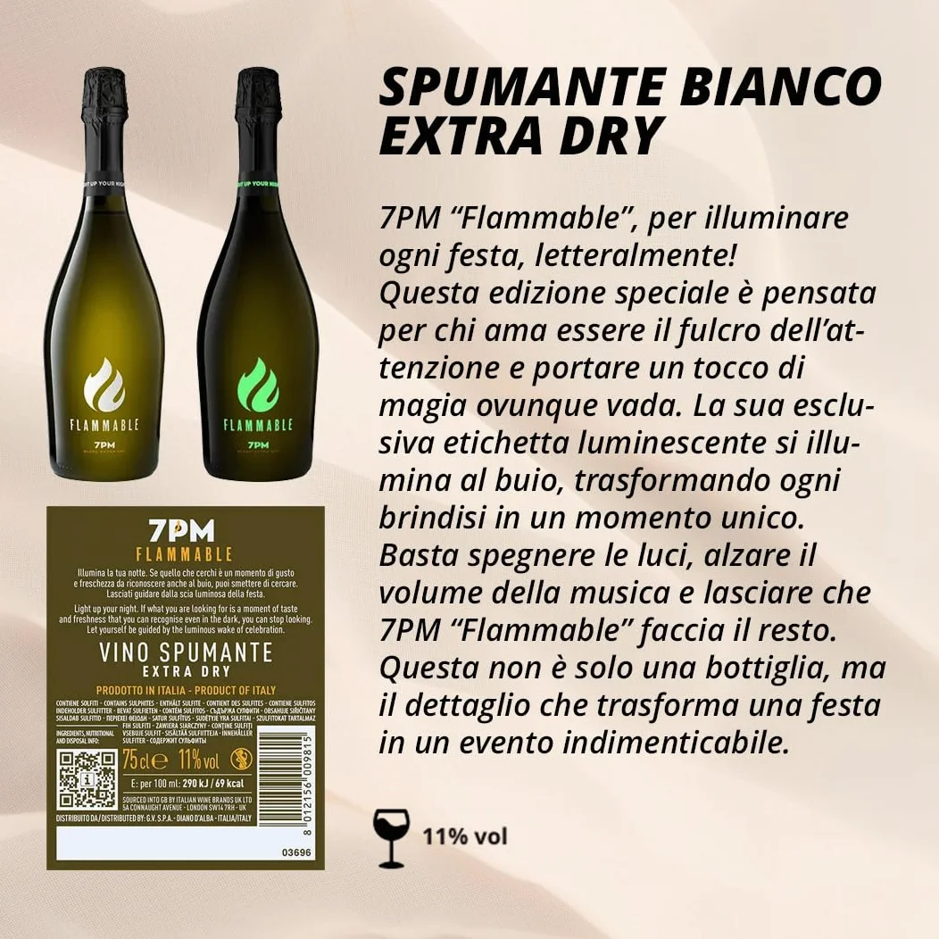 Giordano – BOX 7PM “FLAMMABLE” – 6 Bottiglie di Spumante Bianco Extra Dry Edizione Speciale, Etichetta Luminescente per Brindisi Spettacolari – Formato 75 cl