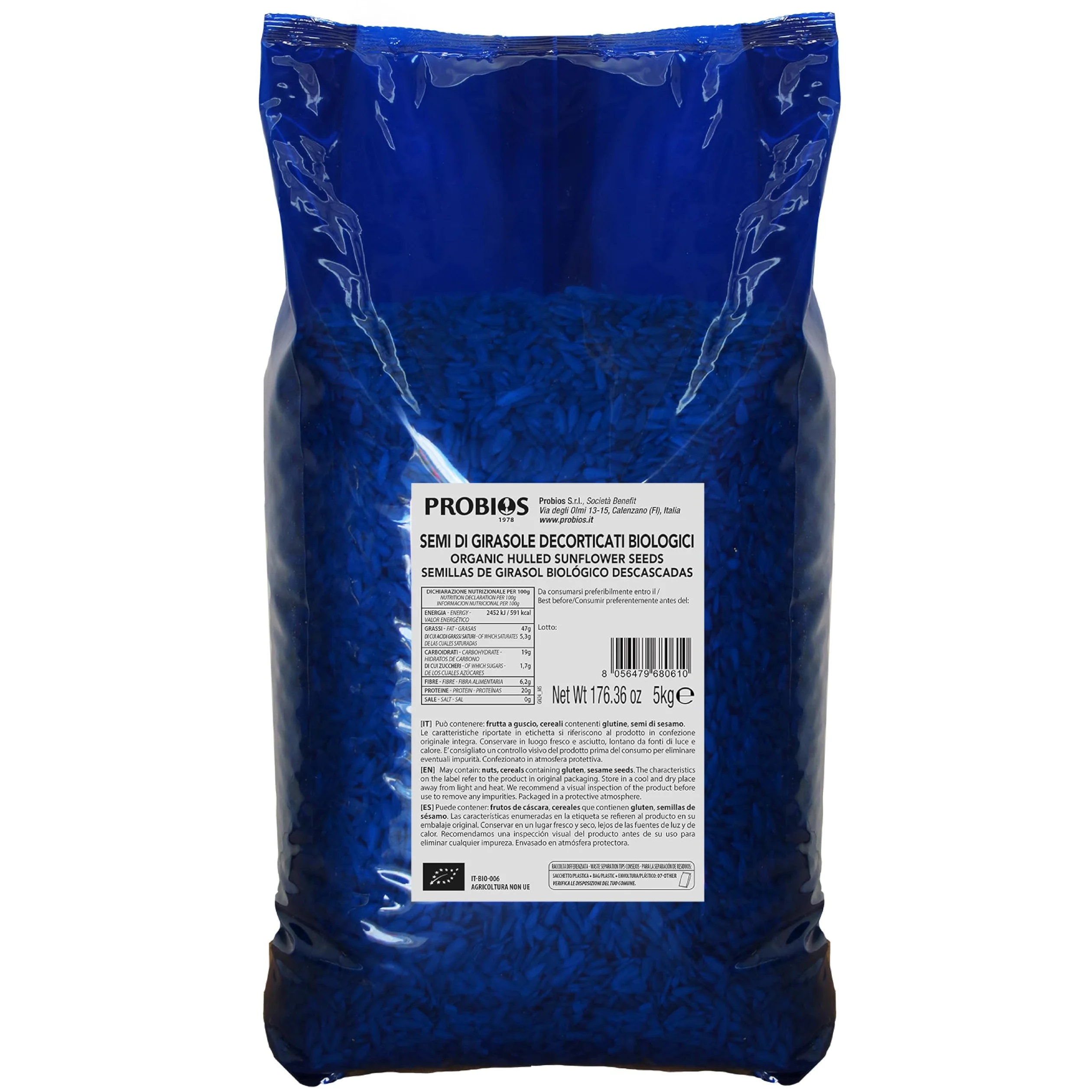 Probios Semi di girasole Biologici - Ricchi di Fibre e Minerali - Semi Girasole Crudi Commestibili - Vegani - Confezione da 5 kg
