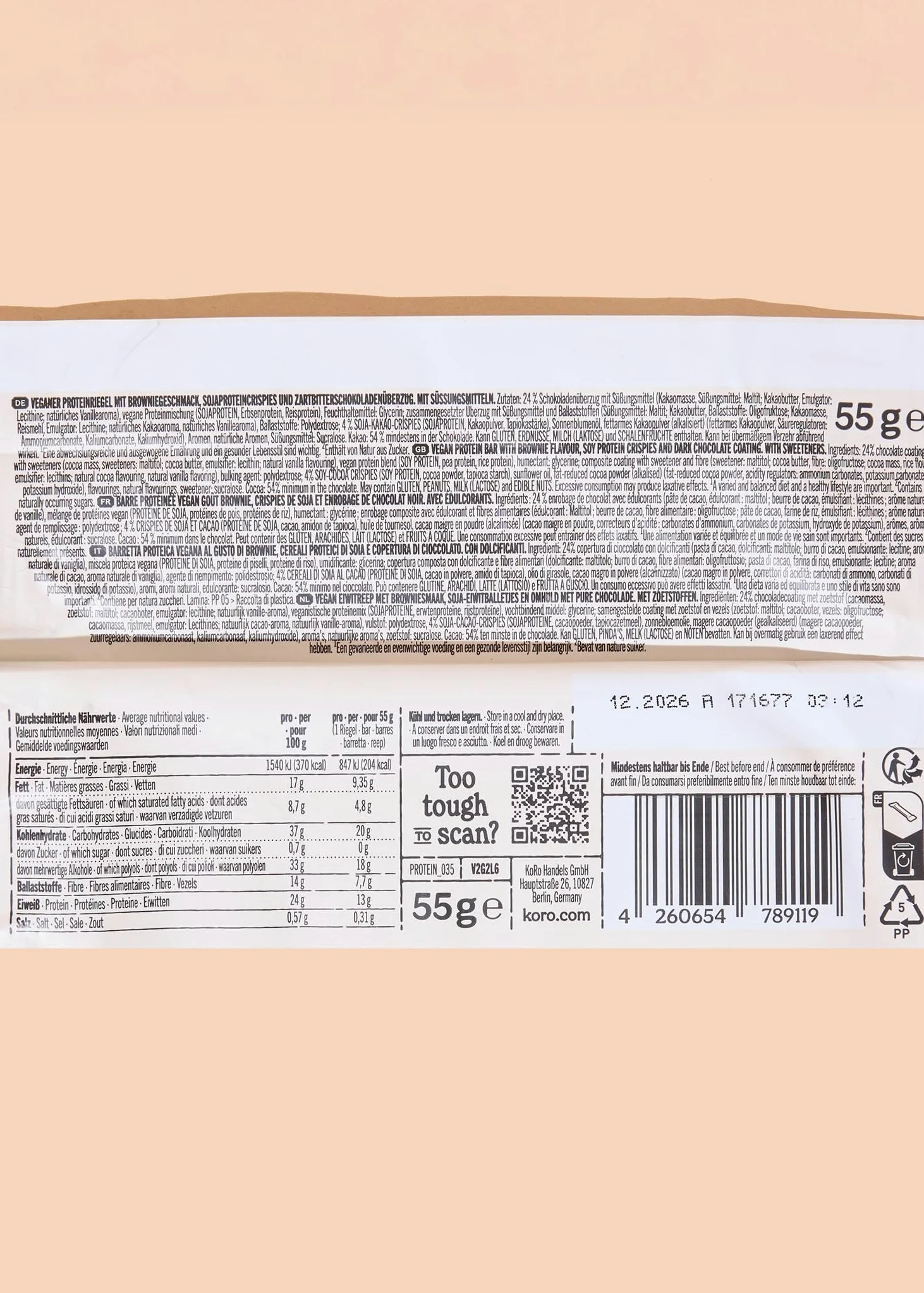 KoRo - Barretta proteica vegan chocolate brownie | 15 x 55 g