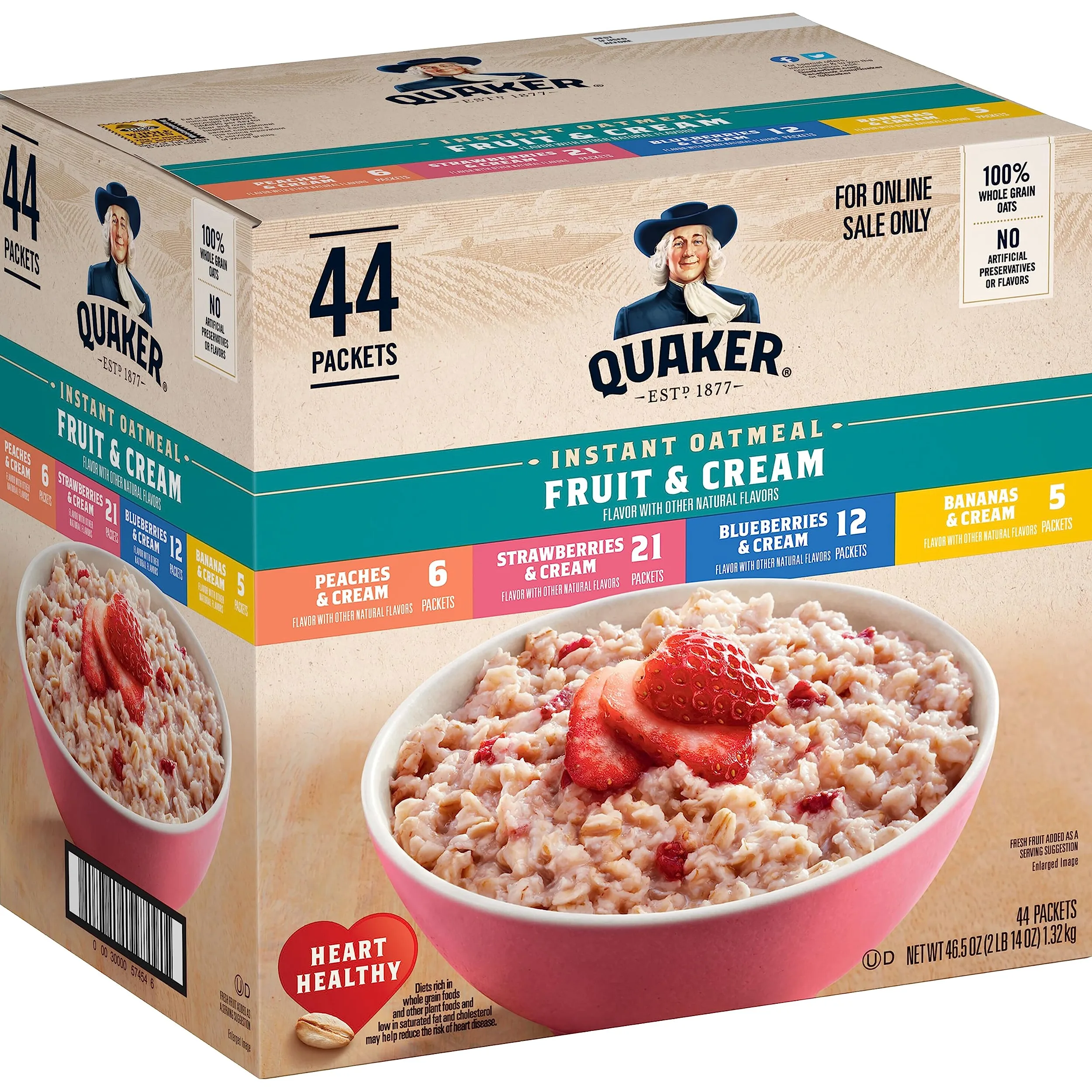 Quaker Confezione di varietà Instant Oatmeal Fruit & Cream, confezione da 44 pezzi