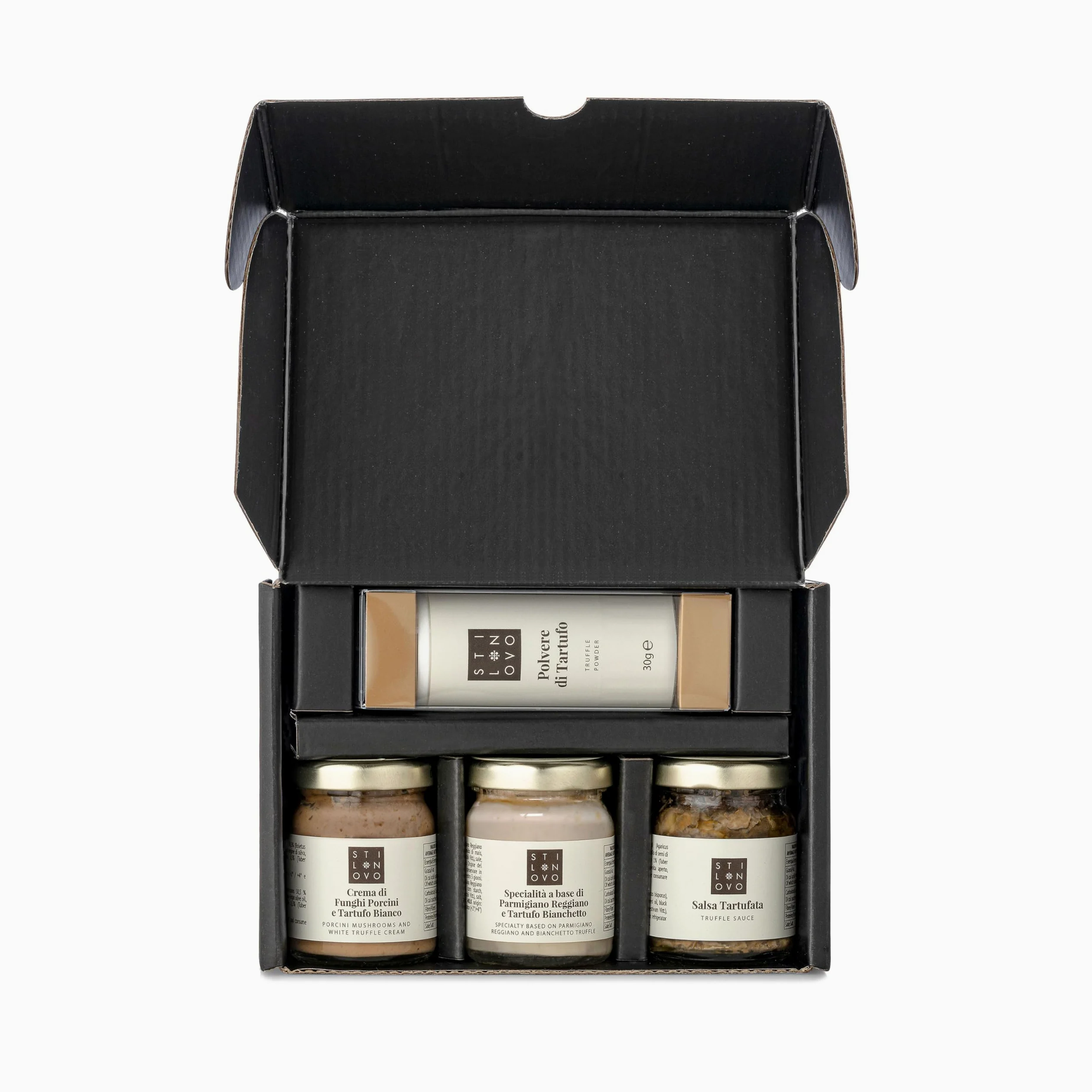 Set degustazione prestigio nero composta da Polvere di Tartufo Crema di Funghi, Porcini e Tartufo Bianco, Specialità Parmigiano e Tartufo, Salsa tartufata