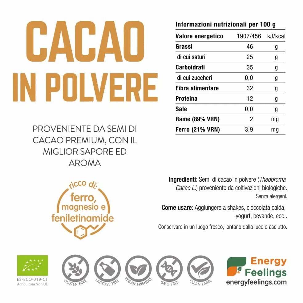Energy Feelings Cacao Crudo BIO in Polvere 1 Kg, Cacao Sgrassato senza Zucchero, Glutine nè Lattosio, Vegano, Antiossidante
