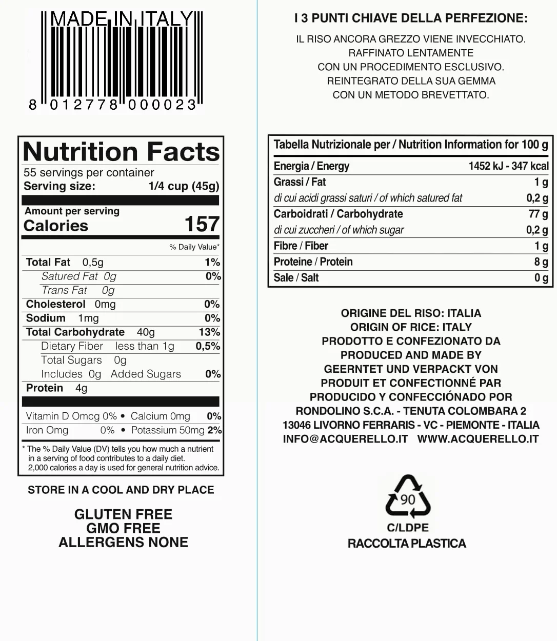 Riso Acquerello invecchiato 1 anno, pacco da 4,5 Kg
