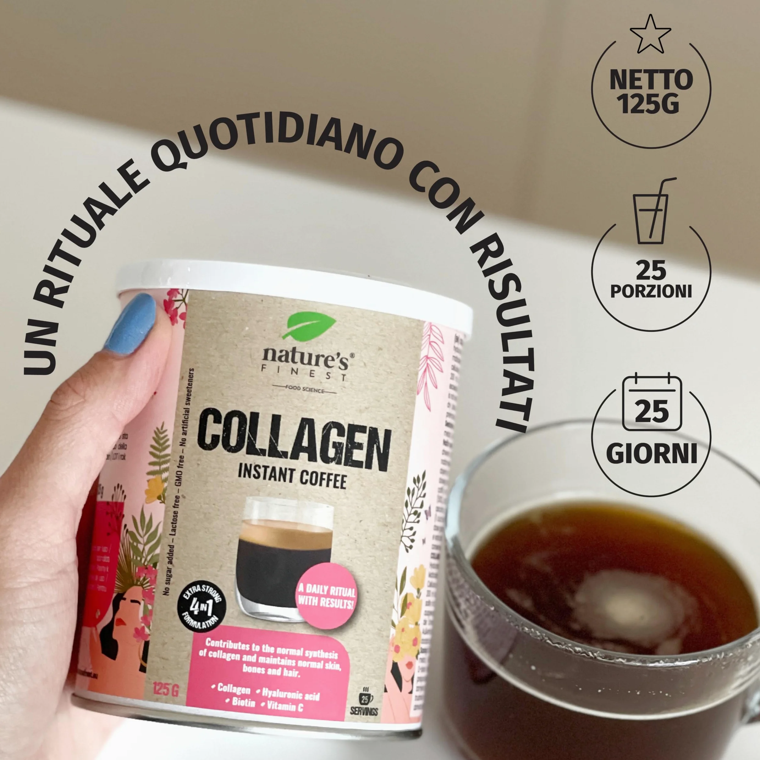 Nature's Finest Collagen Coffee 375 g (Confezione da 3) | Caffe Istantaneo in Polvere - Pronto in un Minuto - Pratica Lattina