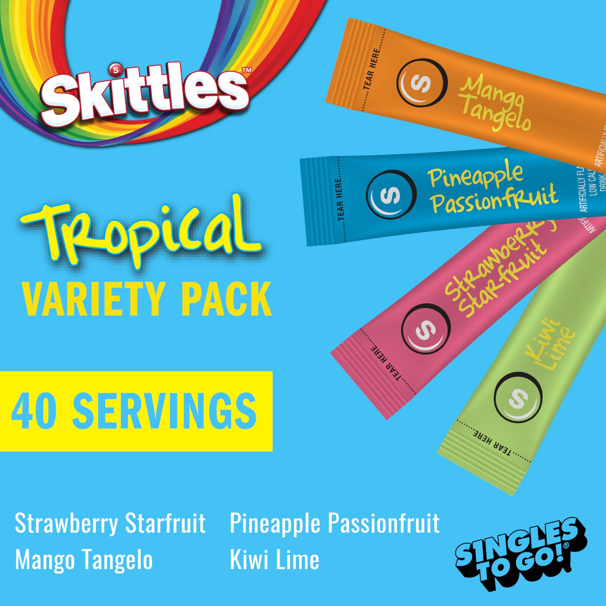Skittles Singles To Go - Confezione assortita di sapori tropicali, 40 pezzi, mix di bevande in polvere, zero zucchero, basso contenuto calorico, include 4 gusti: