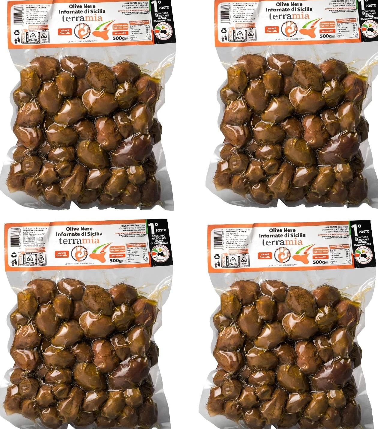 Terramia Olive Nere al Forno Siciliane Varietà "Giarraffa" – Prodotto Artigianale da Azienda Premiata Ercole Olivario e Monna Oliva, Formato Scorta 2kg (4 Buste x 500g)