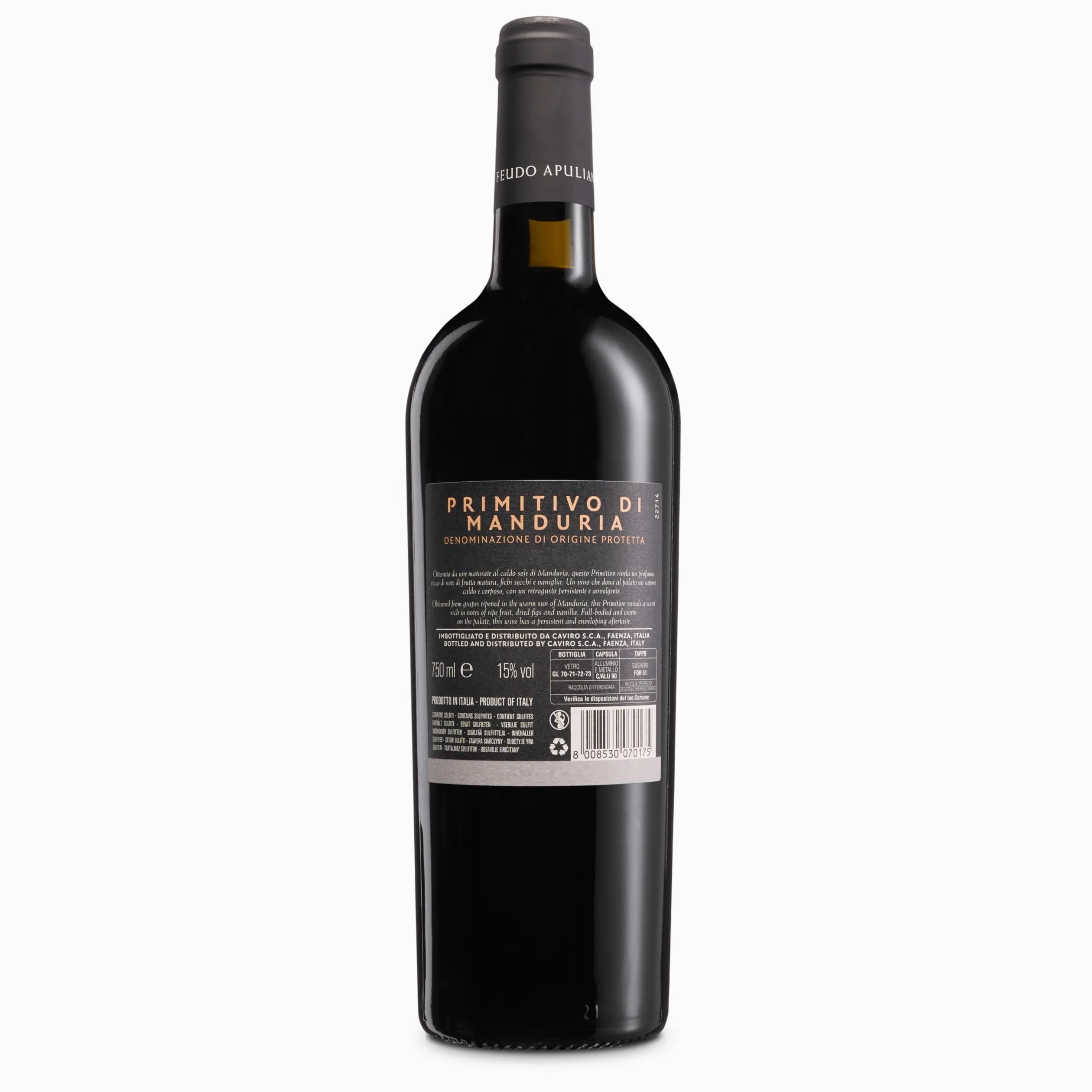 Feudo Apuliano Primitivo di Manduria DOP, Vino Rosso dal Gusto Corposo, Caldo con Retrogusto Persistente e Avvolgente, con Note di Frutta Matura, 15% Vol, Confezione con 6 Bottiglie da 750 ml