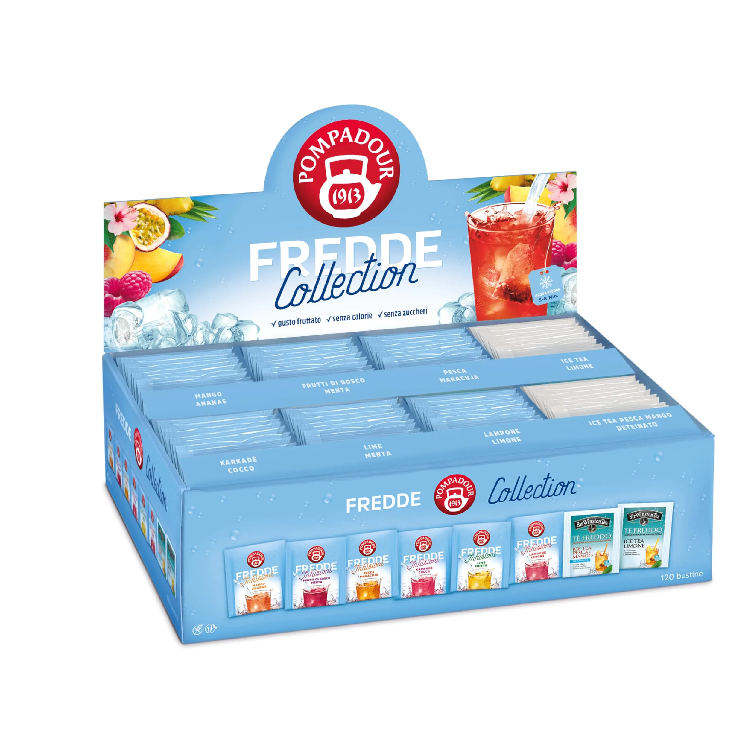 Pompadour, Box Infusi e Tè Freddi 15 Bustine x 8, Karkadè Cocco, Lime Menta, Lampone Limone, Pesca Maracuja, Frutti di Bosco e Menta, Mango Ananas, Ice Tea Limone, Ice Tea Pesca Mango
