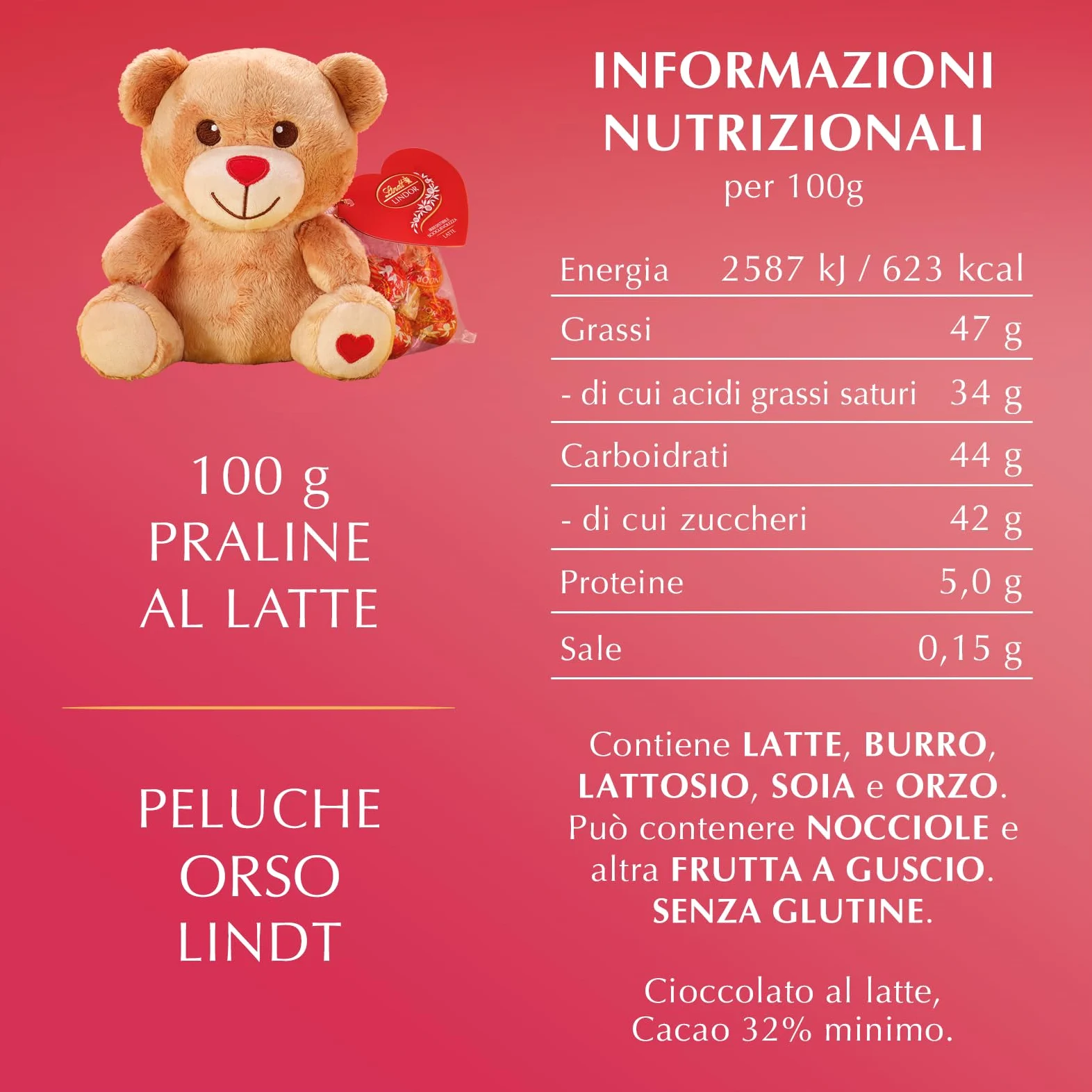 Lindt San Valentino Peluche Cucciolo Giraffa con Cioccolatini LINDOR al Latte, Formato 100 g