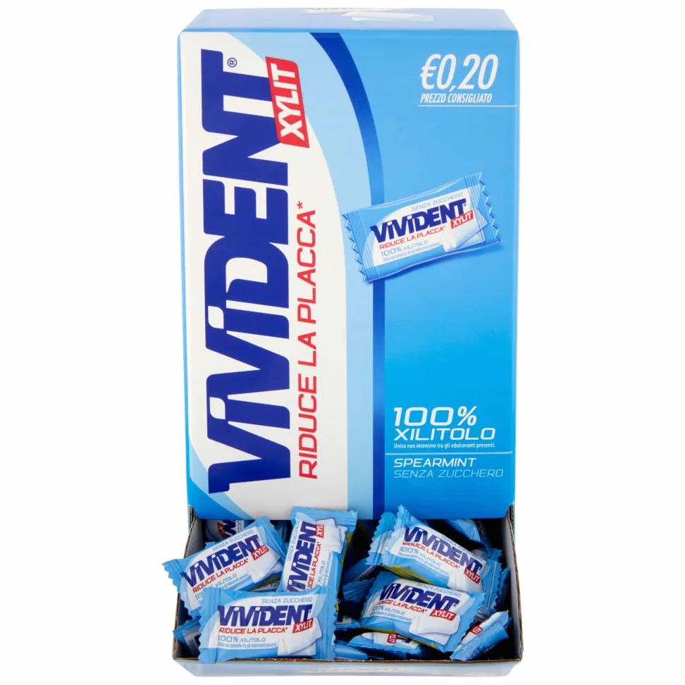 Vivident Xylit, Chewing Gum, Gusto Menta, Senza Zucchero, Senza Glutine, Confezione da 200 Gomme da Masticare Ripiene Monoporzione, Incartate Singolarmente,da Condividere, Feste, Compleanni