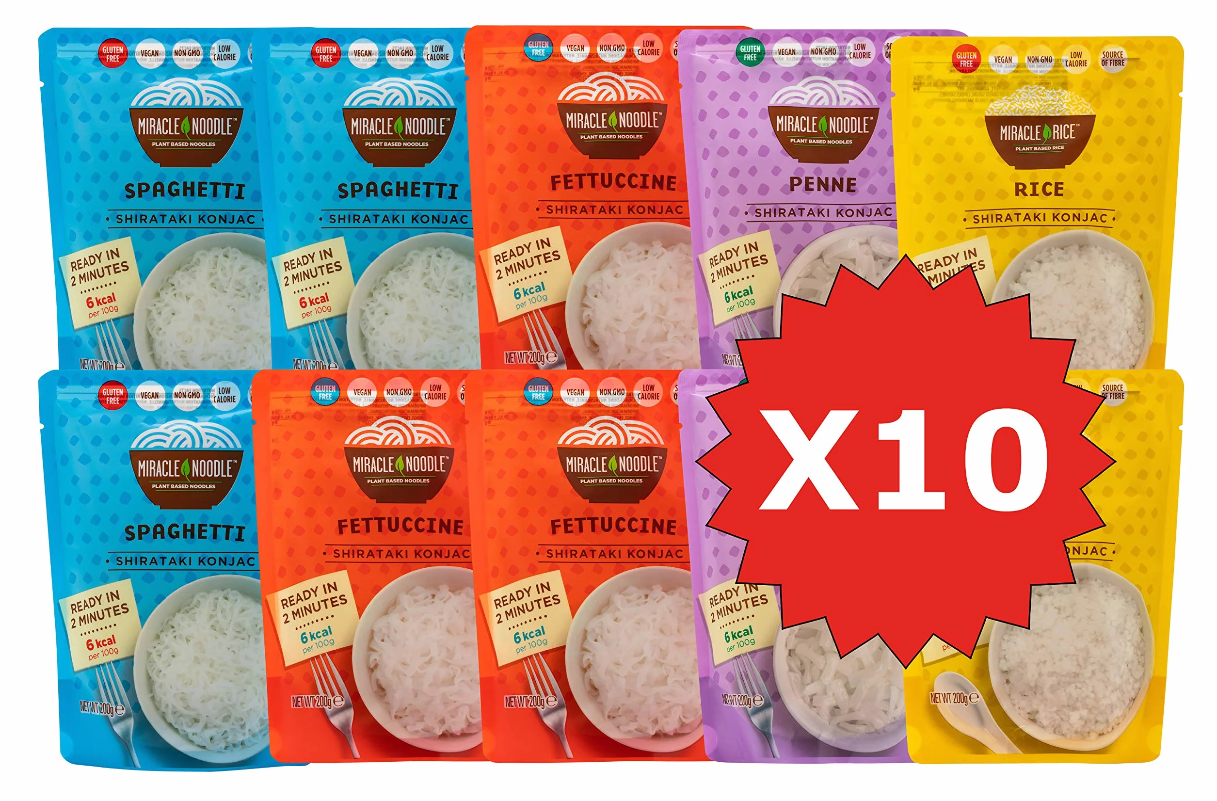 Miracle Noodle Pasta di Konjac Shirataki, Senza Odore, Senza Retrogusto, Pronti in 2 Minuti, Scatola da 10 Pacchetti Da 200g (contiene: 3 Spaghetti, 3 Fettuccine, 2 Penne e 2 Riso)