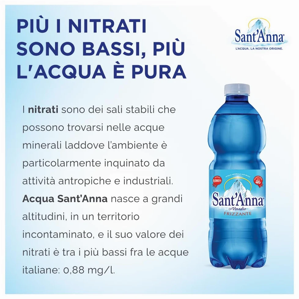 Acqua Sant'Anna Frizzante 0,5L | Pack 96 Bottiglie | Acqua Minerale Oligominerale Frizzante, Minimamente Mineralizzata | Freschezza dalla Sorgente Alpina