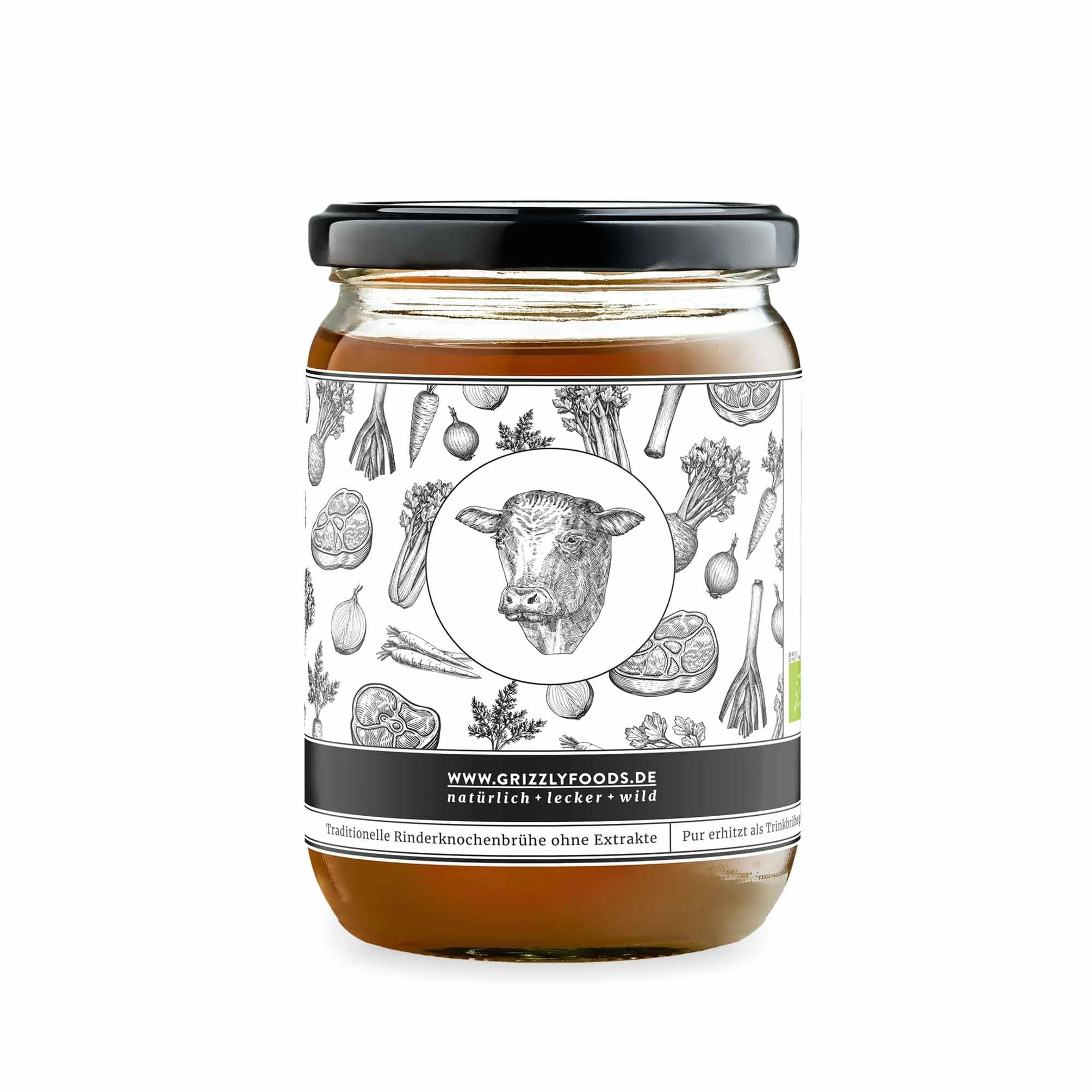 Grizzly Foods Brodo di ossa di manzo biologico (6 x 500 ml) - 25 g di collagene per bicchiere - Cotto per 72 ore - 100% naturale - Senza zucchero, senza additivi - Nutrienti preziosi - Bone Broth