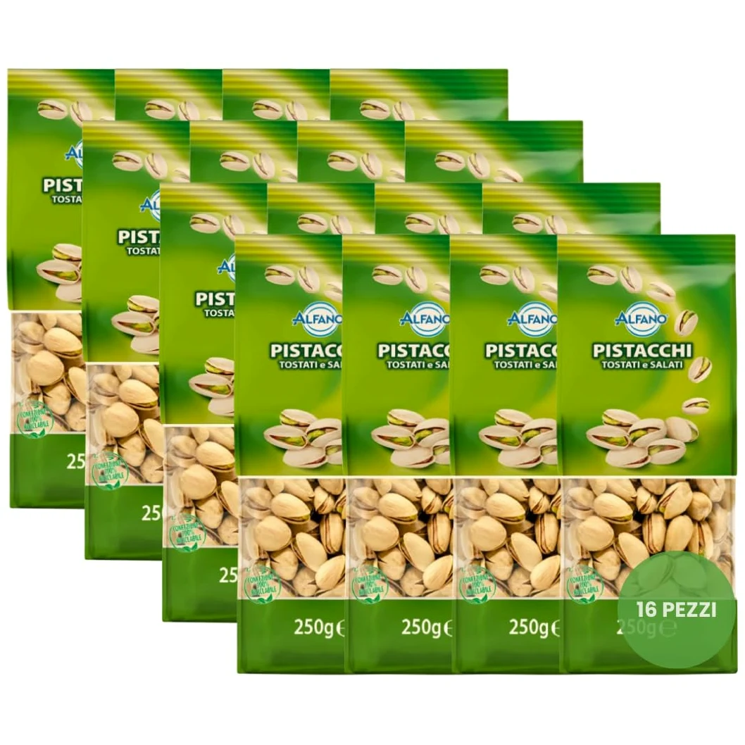 Alfano dal 1940 Pistacchi Salati Tostati 250g Frutta Secca Ricca di Fibre e Magnesio, Fonte di Potassio Ideale come Snack Aperitivo (16 Pezzi)